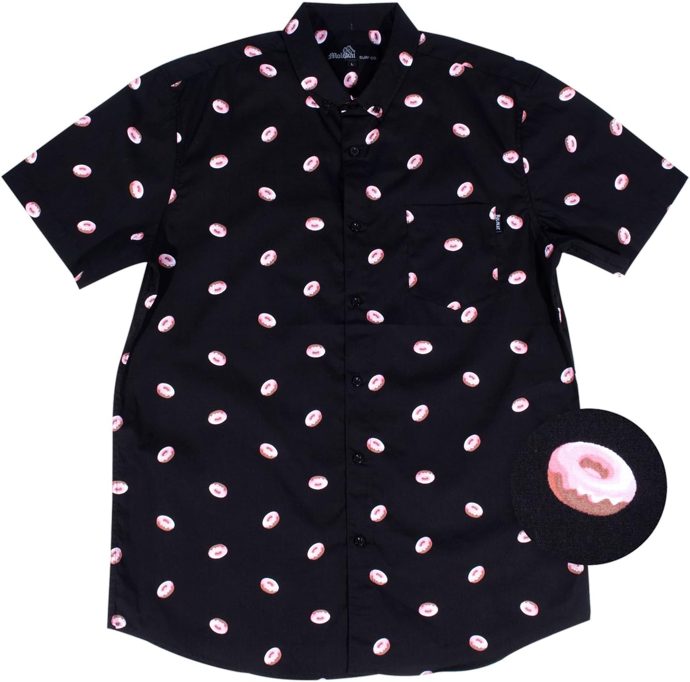 Molokai Mens Printed Short Sleeve Button Down Hawaiian Shirt (Large, Black Donut)