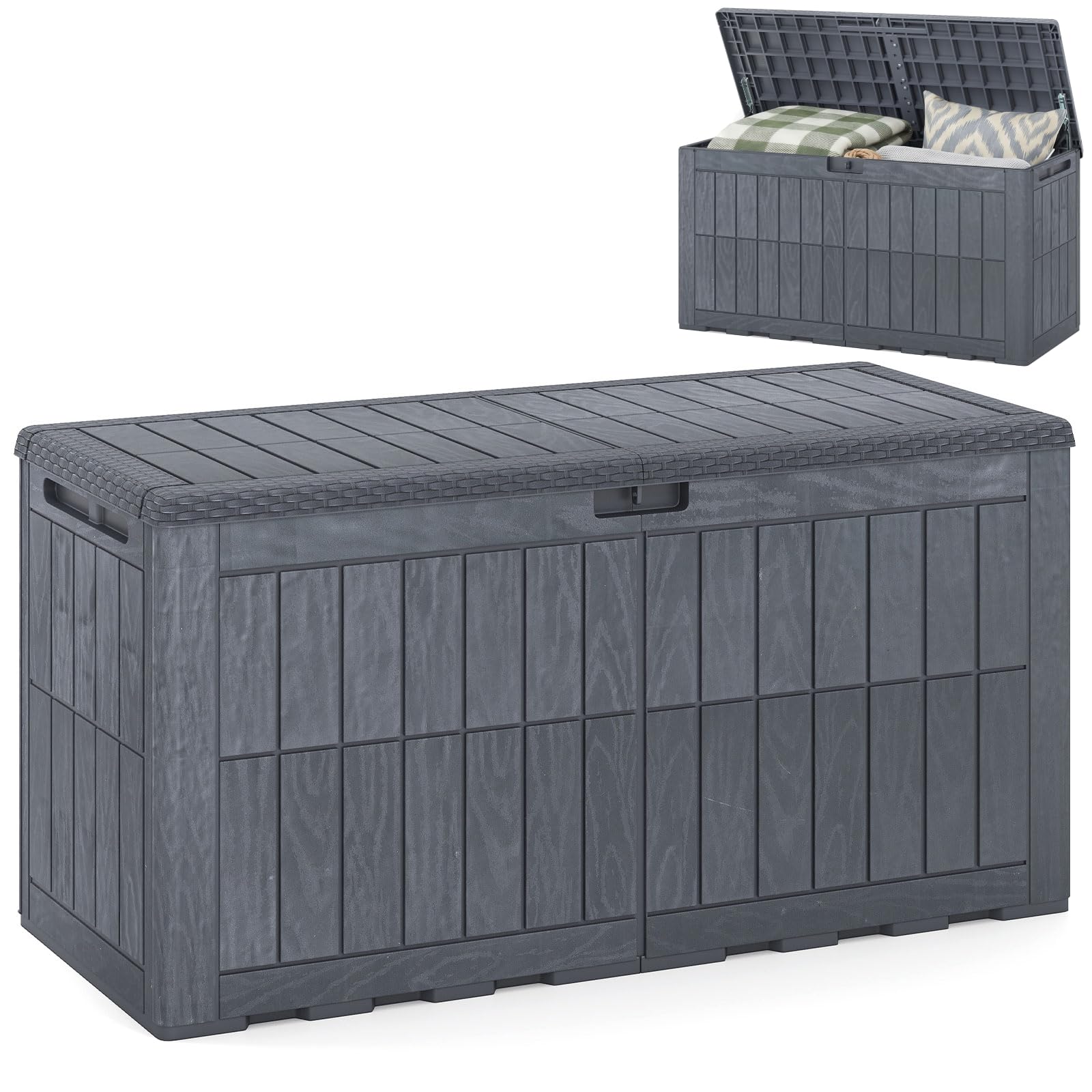 COSTWAY Garden Storage Box, Waterproof Resin Deck Box Bench with Lockable Lid & Handles, Grooved Texture Outdoor Patio Storage Container for Cushion Tool Toy (Gray,380L)