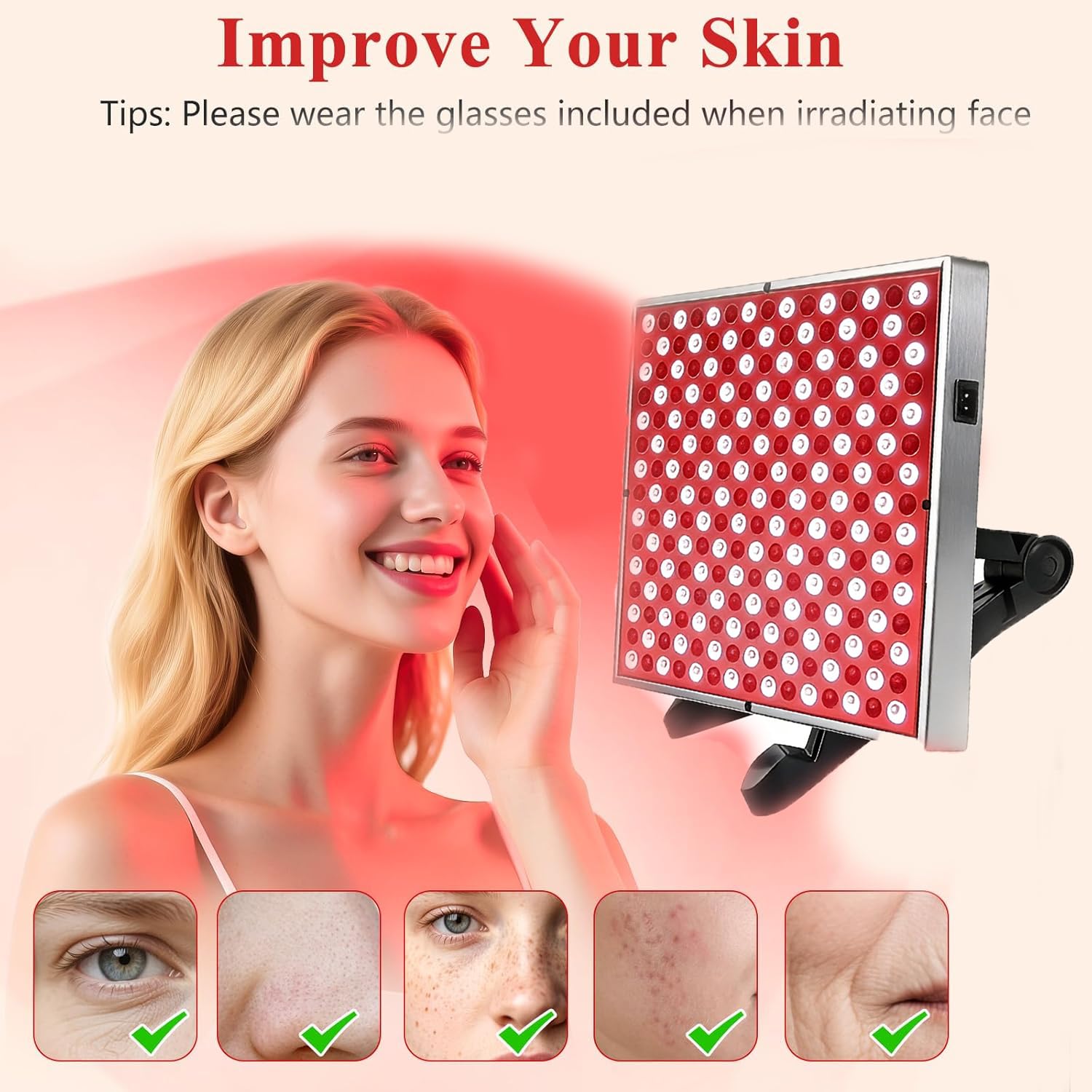Lámpara de luz roja, 660 nm y 850 nm, 250 LED, gancho + gafas de protección + soporte de mesa, panel de aluminio, sin generación de calor, para cuidado de la piel y alivio de la tensión