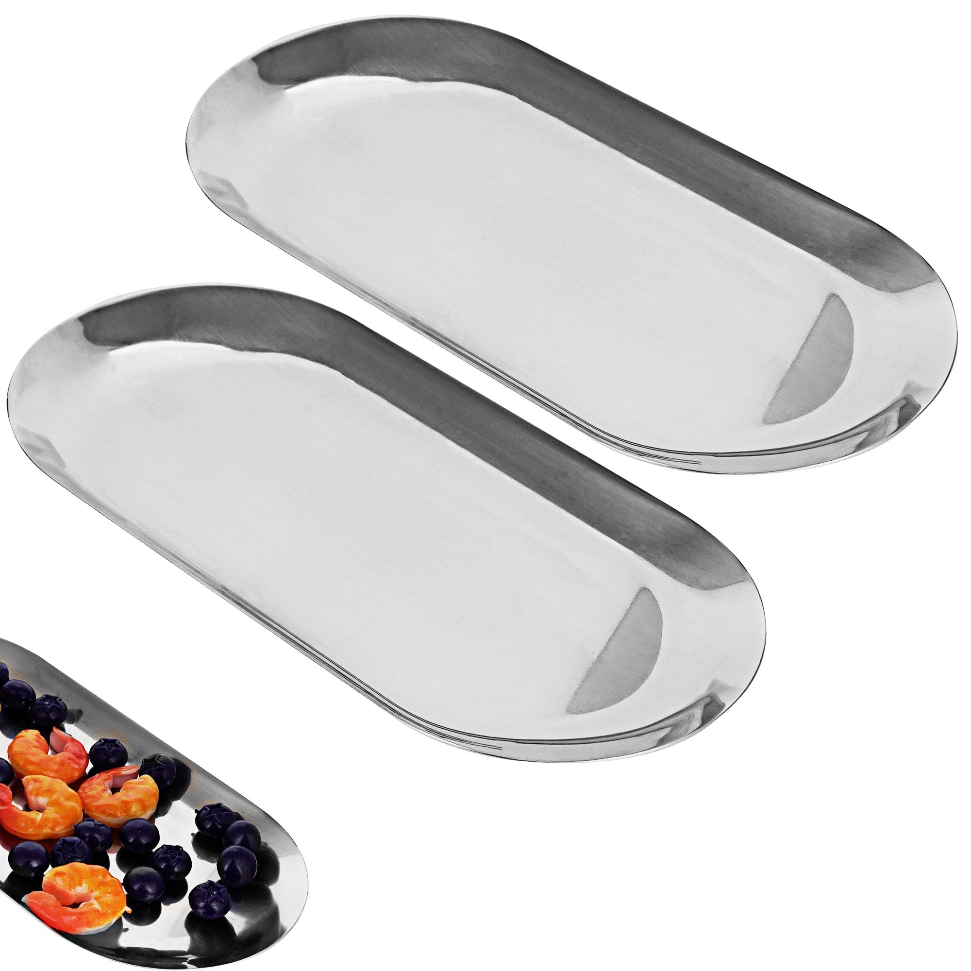 JANKOW Oval Vanity Tray, Storage Organizer, Stainless Steel Tray for Jewelry, Makeup Cosmetic, Towel Napkin, Food (2 Pack Silver)