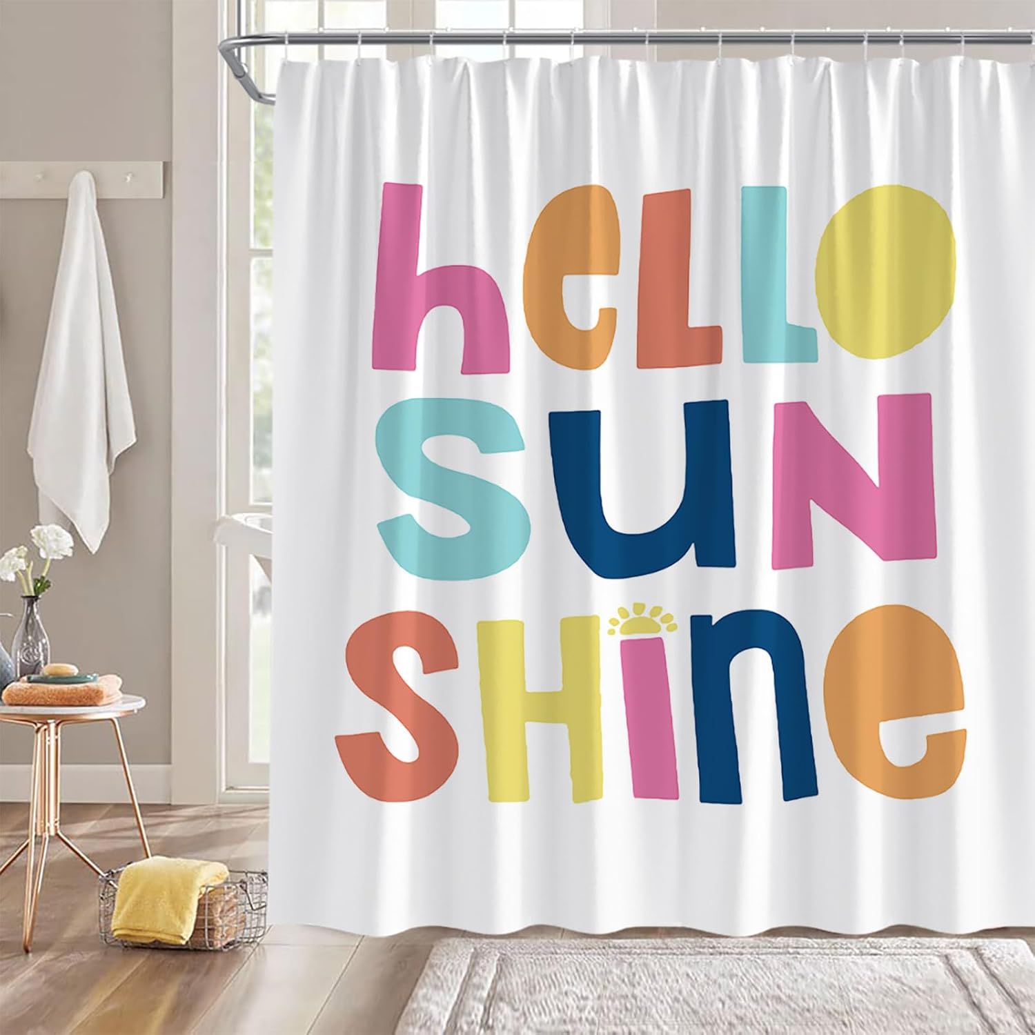 Hello Sunshine Shower Curtain Funny Quotes Colorful English Letter Hello Sunhine Simple Classic Cartoon Creative Art Fabric Decorative Bathroom Curtains with Hooks,White