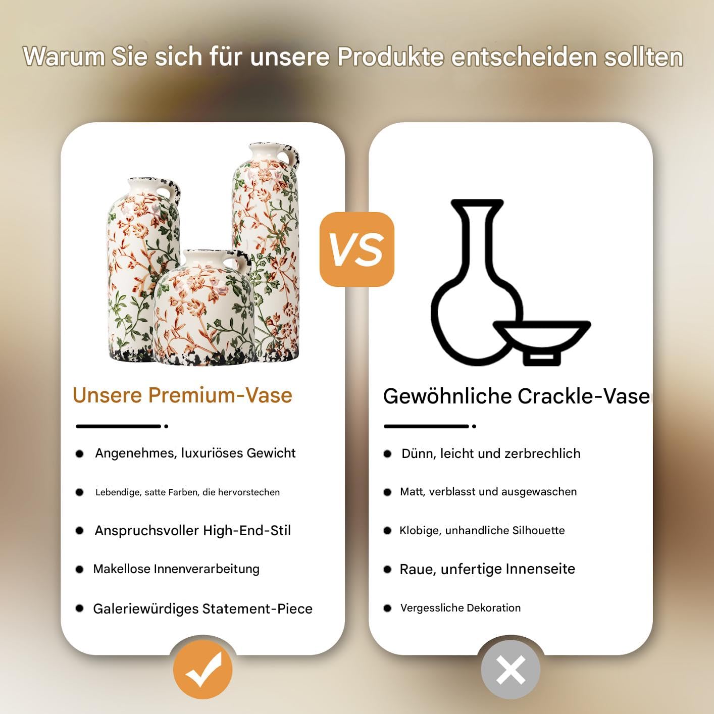 Keramik Vasen Set 3er Vintage Landhausstil, Blumenvase Groß & Klein mit Blumenmuster, Wasserdicht Dekorative Vase für Pampasgras & Trockenblumen, Rustikale Tischdeko Wohnzimmer Deko (Beige Floral)