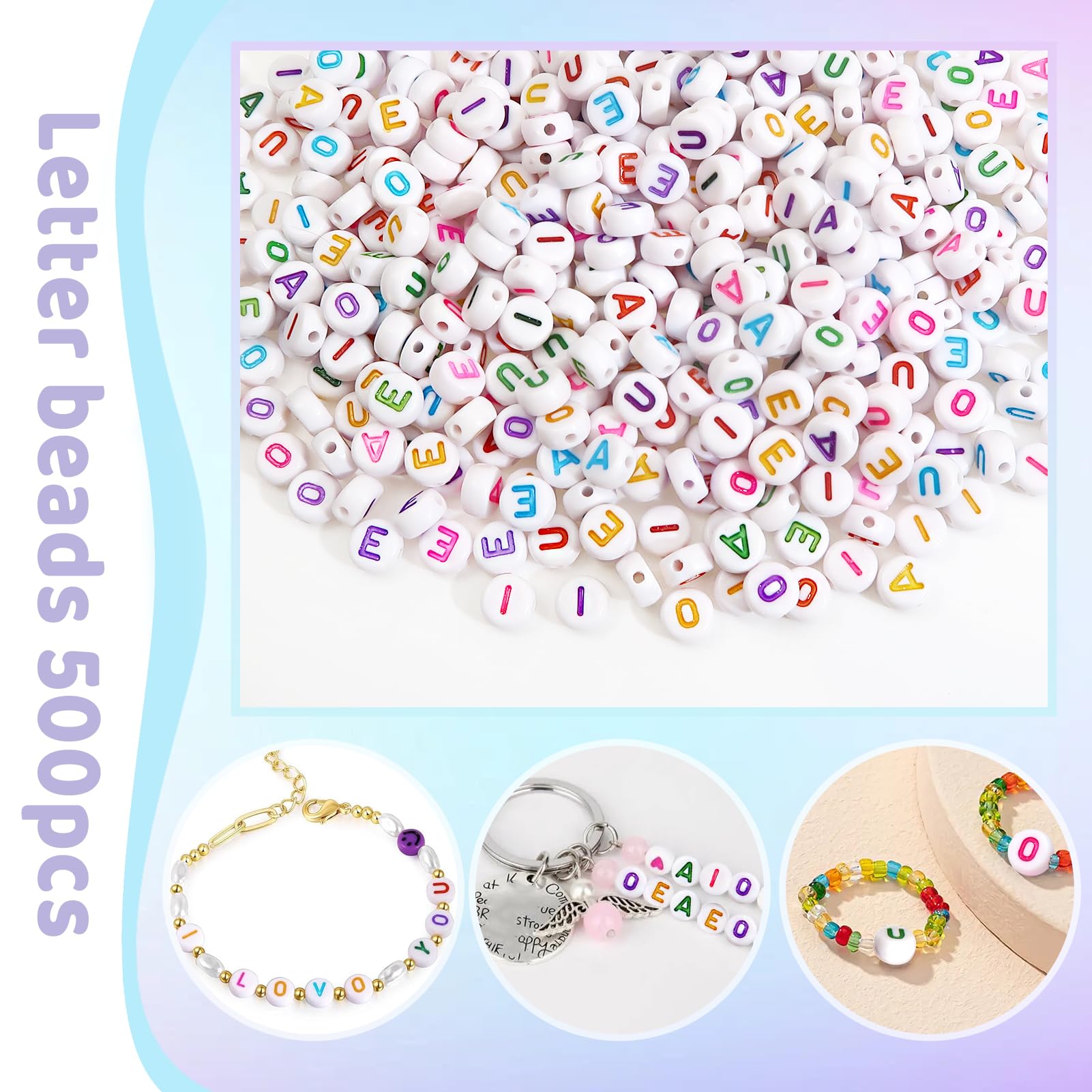 TOAOB 500pcs Vowel Letter Beads 7mm Round Acrylic Alphabet Beads with Colorful Word A E I O U for Necklace Bracelet Jewellery Making - Image 3