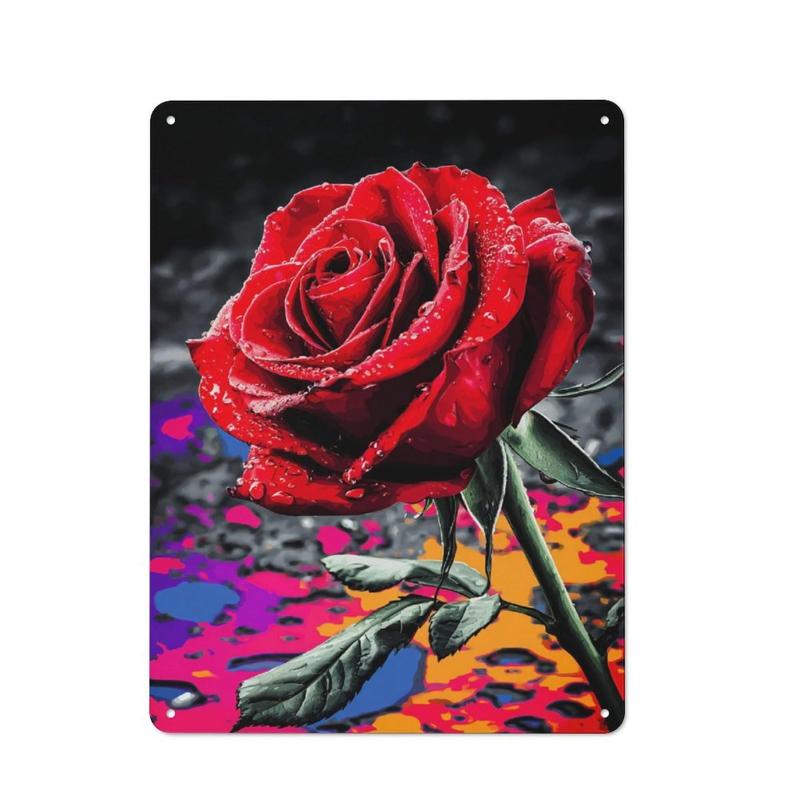 Junmoney Raindrops On Red Rose -1 Metal Plaque With Design 40X30cm, Cosy Diner Style Decor For Coffee Bar, Kitchen, Bistro Or Tea Corner