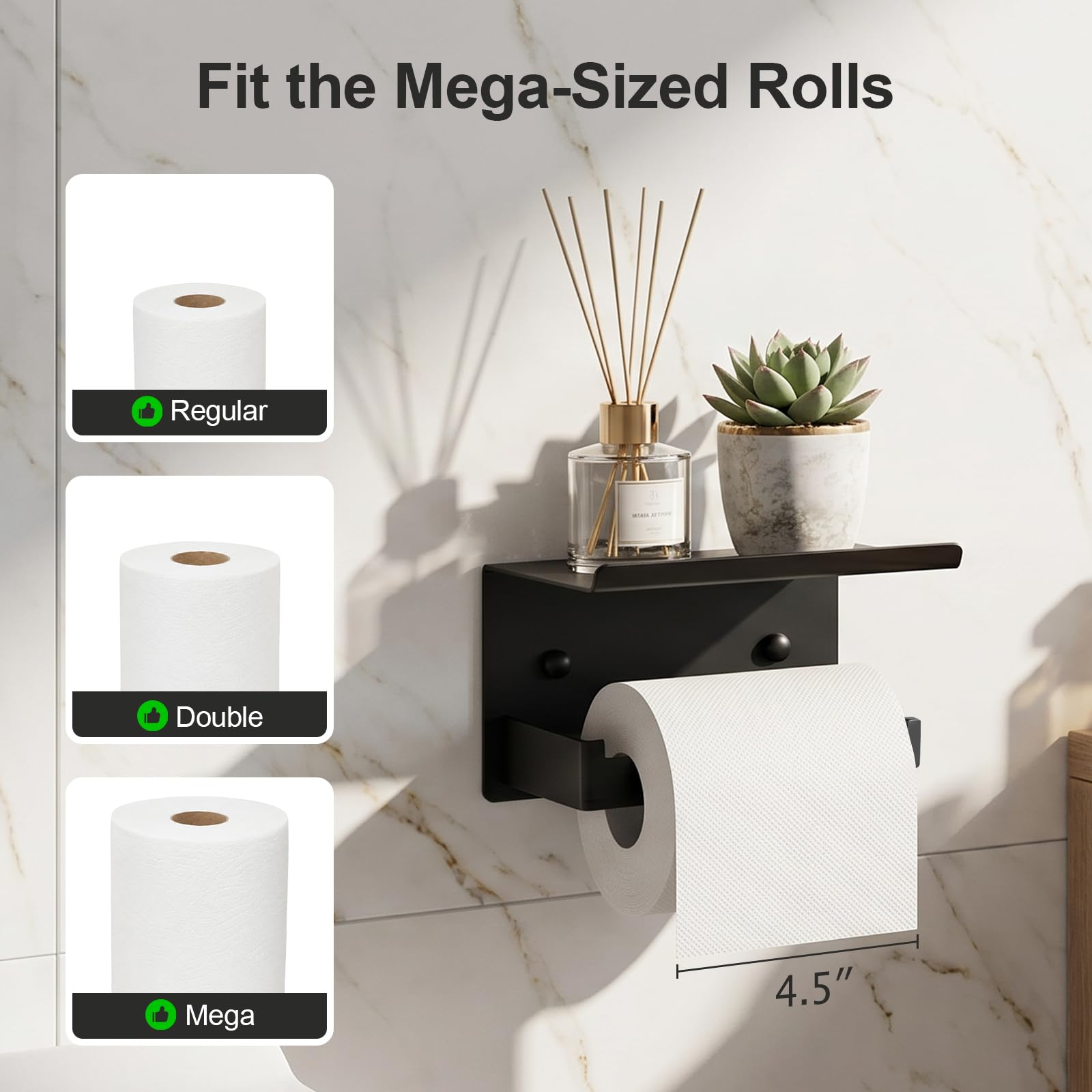 Adhesive Wall Mount Toilet Paper Holder with Shelf, Matte Black — Amazon image 3