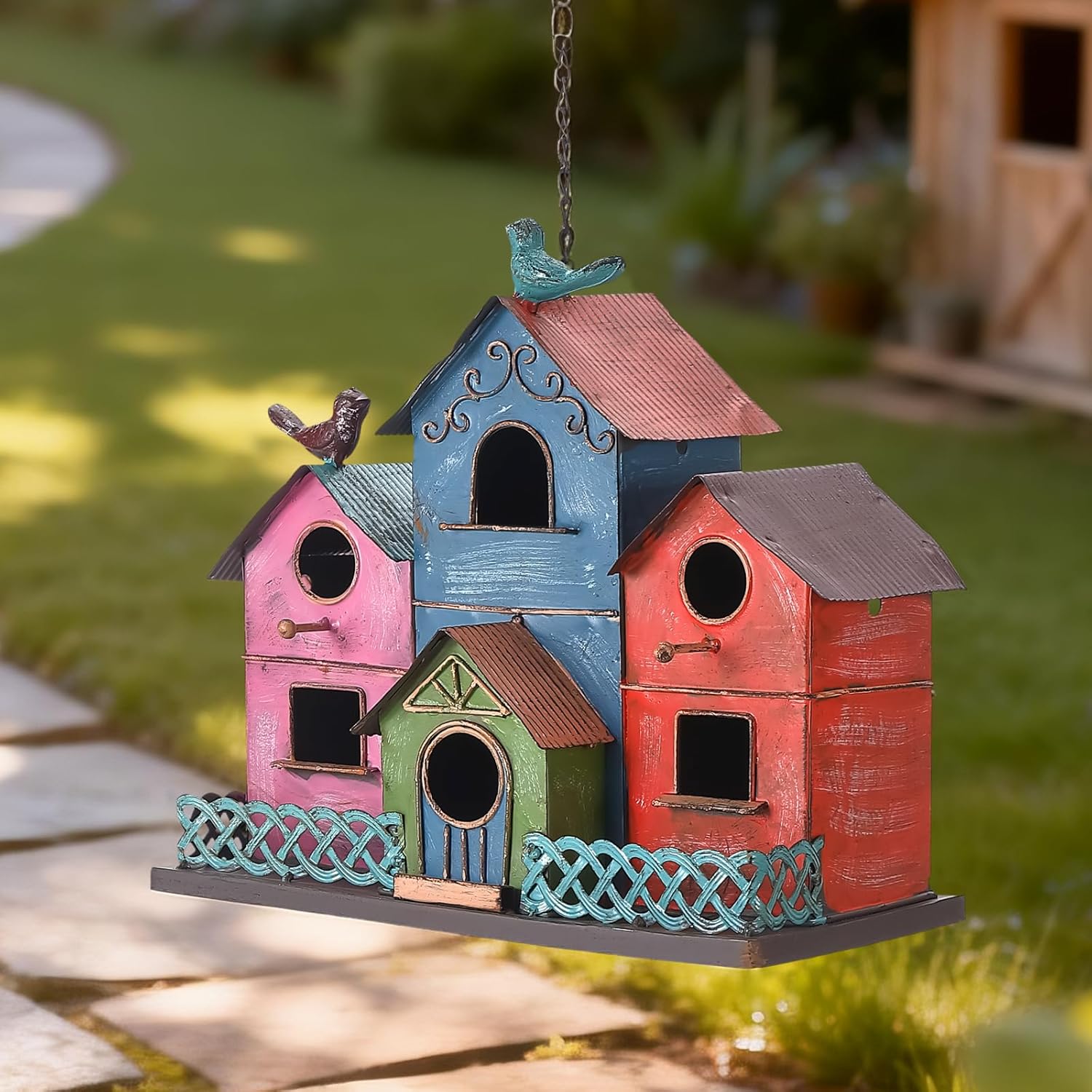 Metal Bird Houses for Outside Hanging, Large Bird Houses for Outdoors with 4 Compartments for Birds to Nest in, Colorful Birdhouse with Easy Clean Back Doors, Escape Holes & Ventilation