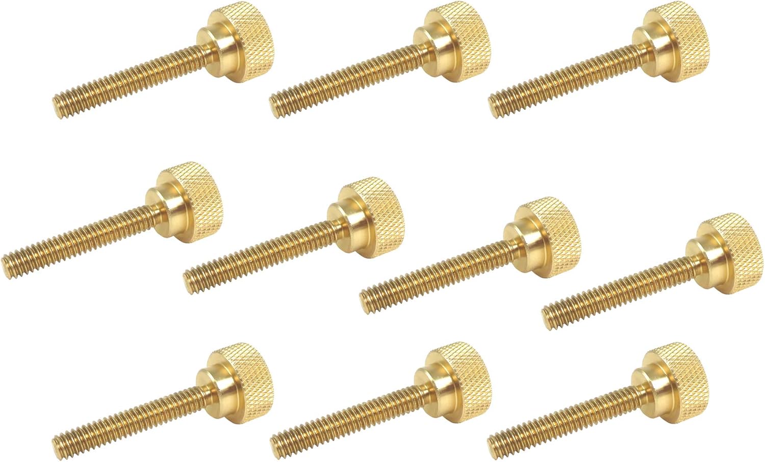 10 Pack 1/4-20 x 1-1/2 Inch Threads Solid Brass Diamond Knurled Thumb Screws Knobs with Straight Shoulders Right-Hand Threads SAE Flat Tip Uncoated (1/4-20 x 1-1/2 inch long threads)