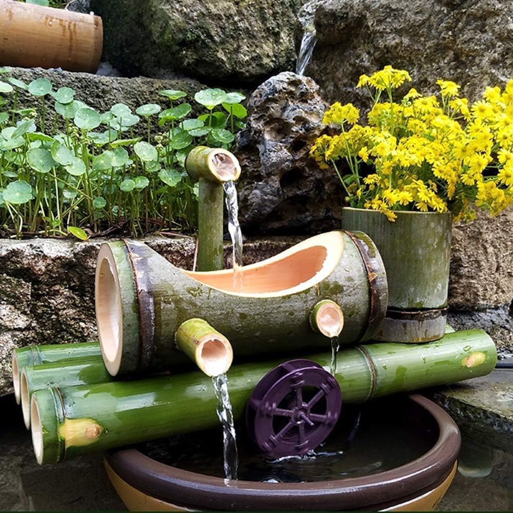 Bamboo Water Fountain with Water Pump, Water Feature Spout Indoor Outdoor Flowing Zen Garden Decoration, Lucky Wheel Sculptures/Statues,55cm Fountain (One Color 55cm)
