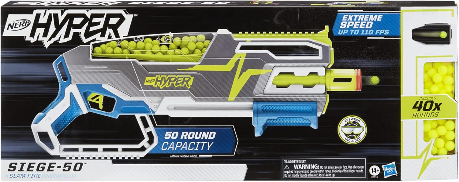 NERF Hyper Siege-50 Pump-Action Blaster, 40 Hyper Rounds, Holds Up to 50 Rounds, Glasses, Up to 110 FPS Velocity, Easy Reload, Toy Foam Blasters : Everything Else