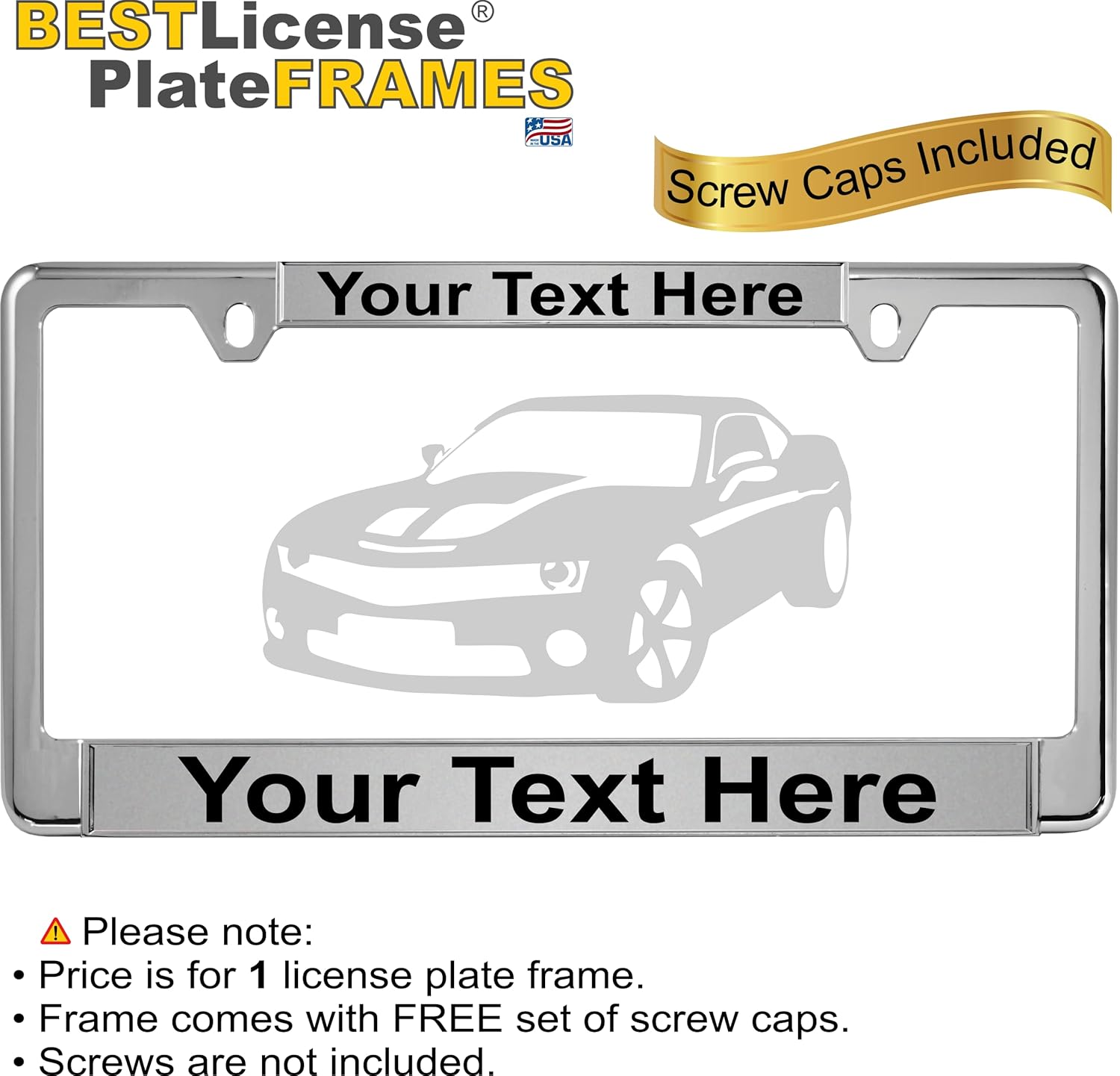 Personalized with Custom Text Design - Thin Top | 2-Hole Narrow Top Chrome Metal Laser Engraved Standard Size - Car/Automobile License Plate Frame with Free caps - Silver/Black Text (Qty: 1 Frame)