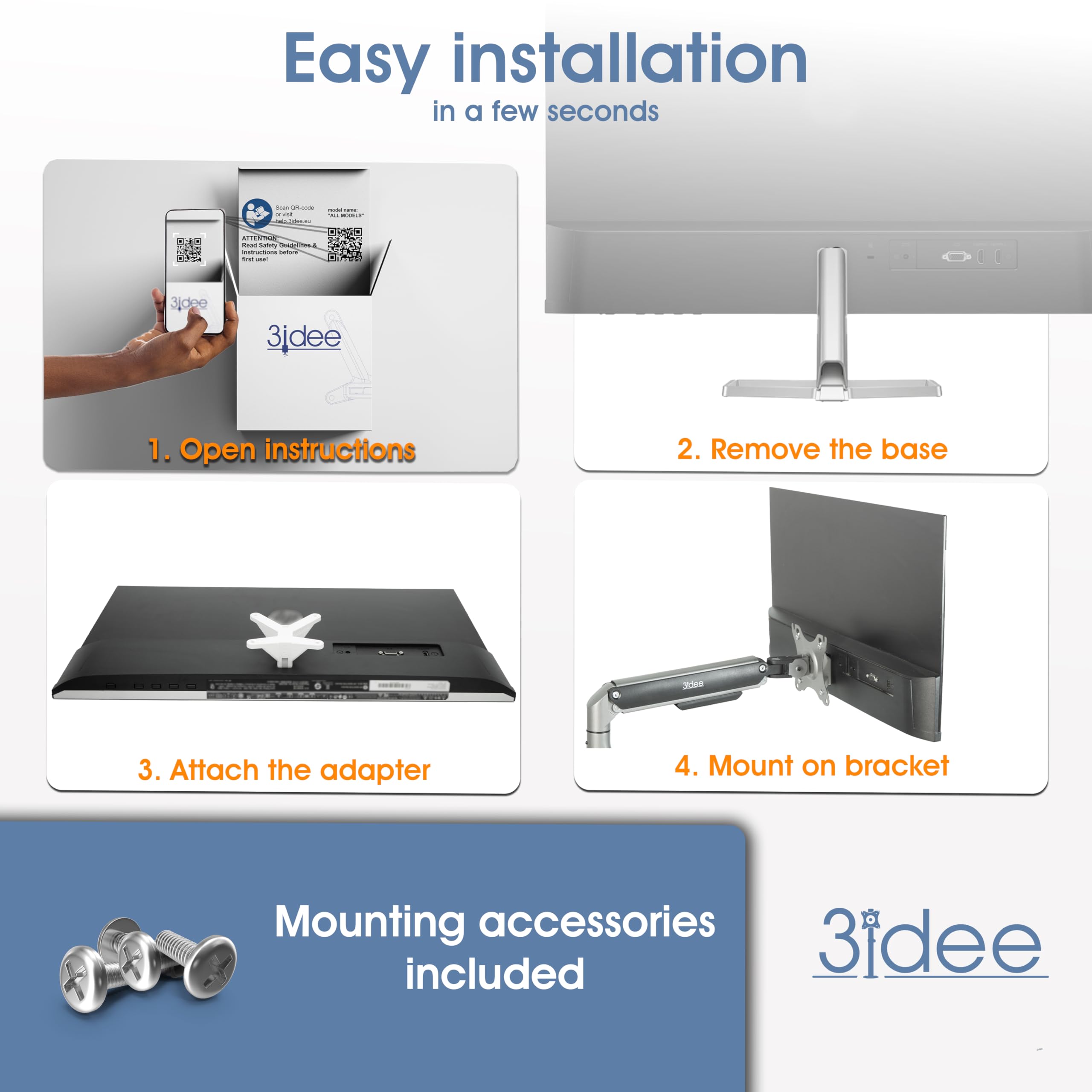 3IDEE Adaptateur VESA pour moniteur HP série 5 & Mf (524sa, 524sf, 524sw, 527sa, 527sf, 527sw, 532sf, M22f, M24f, M27f, M32f) - Installation facile, stable, robuste et sur mesure - Blanc - 75 x 75 mm