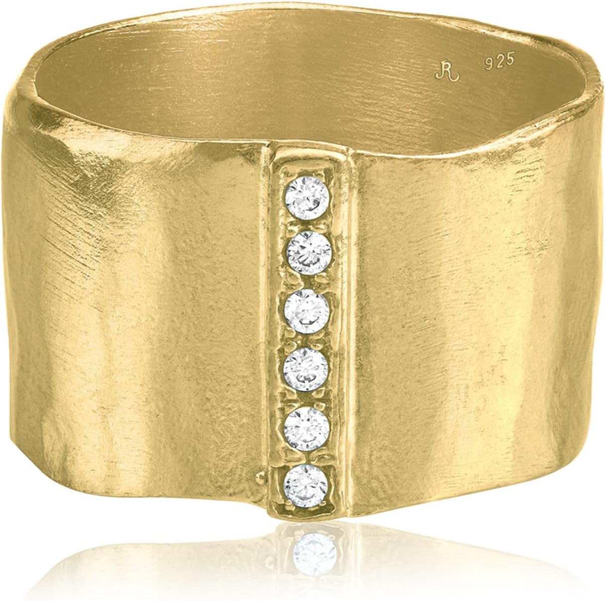 JEAN RACHEL JEWELRY 14K Gold Plated Sterling Silver Ring with 0.18 TCW Cubic Zirconia - Wide Band Hammered Vintage Design - Hypoallergenic, Lead & Nickel Free Jewelry Statement Rings for Women