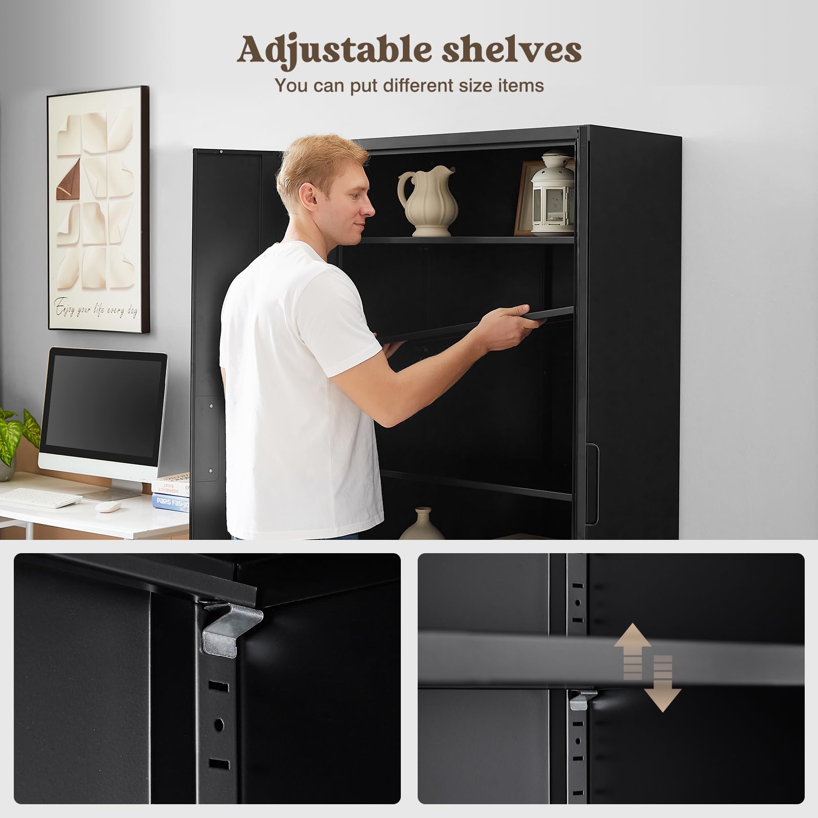 Sightlife Aktenschrank abschließbar mit 2 Türen Metallschrank Stahlschrank Mehrzweckschrank Metall Büroschrank Einstellbare Regale Aufbewahrungsschrank für Büro Haus Garage 170X78X39cm Schwarz