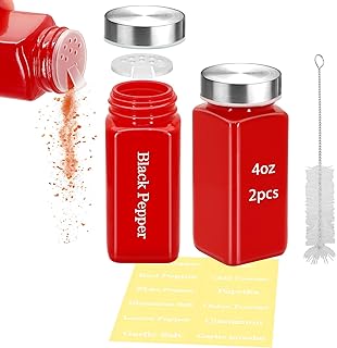 4 oz Square Glass Spice Jars with Label, Empty Spice Containers with 304 Stainless steel Lids, Square Seasoning Containers and Supplement Set, Small Seasoning Bottles for Salt, Sugar (Red)