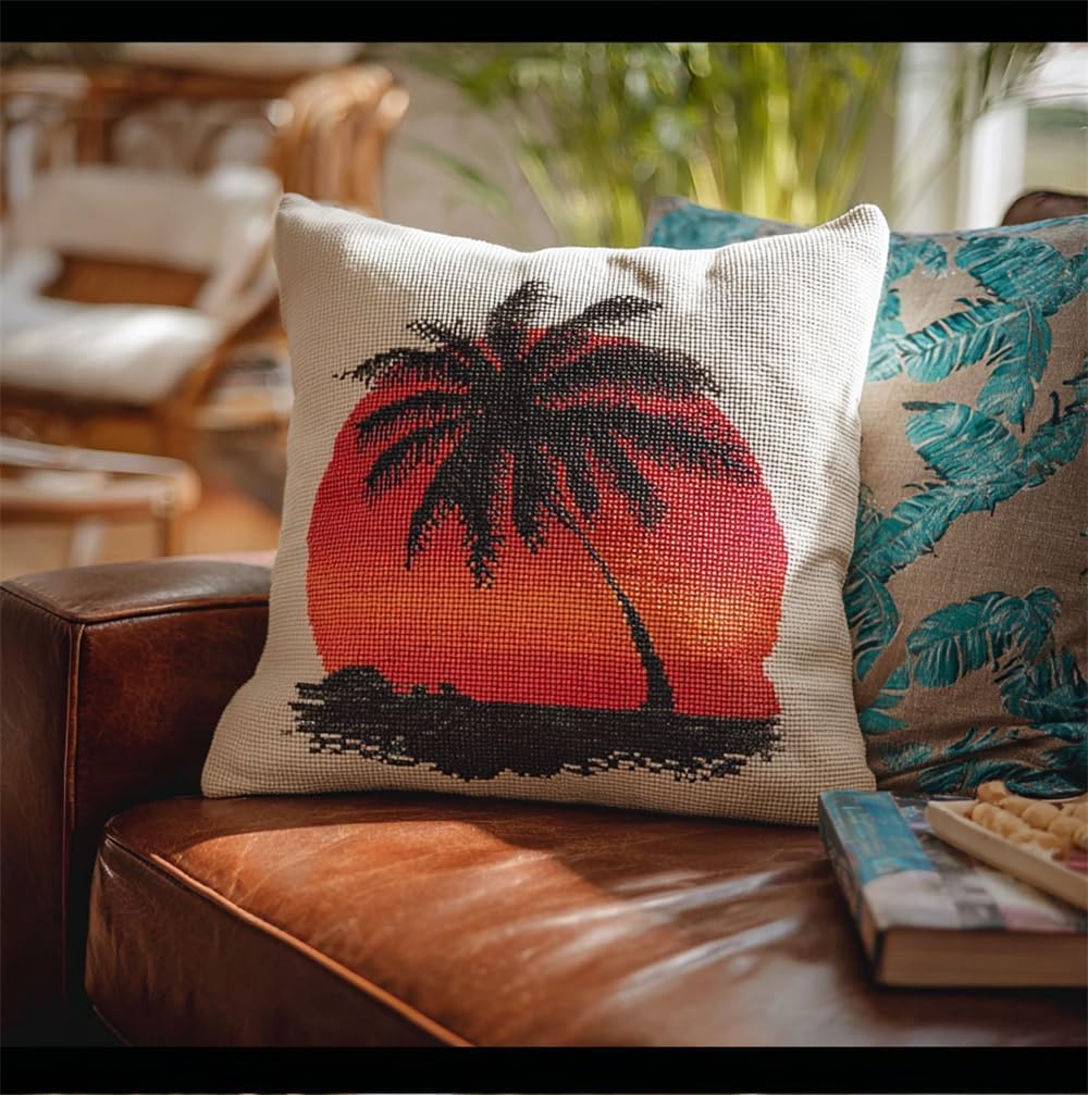 FWRTYCB Latch Hook Pillow Kit Sunset Sea View Crochet Yarn Hooking Pillowc