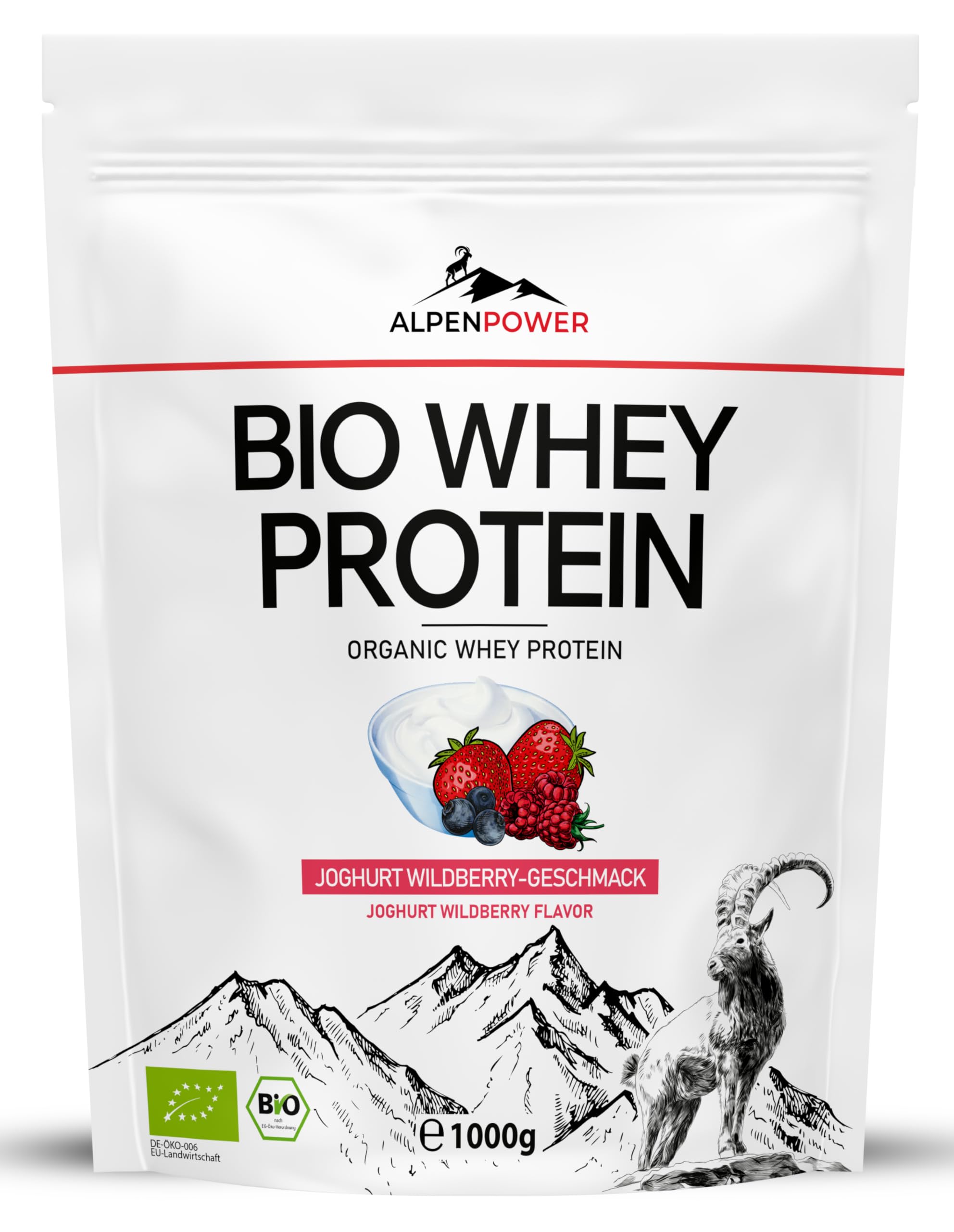AlpenPower BIO WHEY proteine ​​gusto Yogurt e frutti di bosco 1 kg - Ingredienti 100% naturali e senza additivi - Prodotto con il miglior latte alpino biologico - Polvere proteica CFM di alta qualità