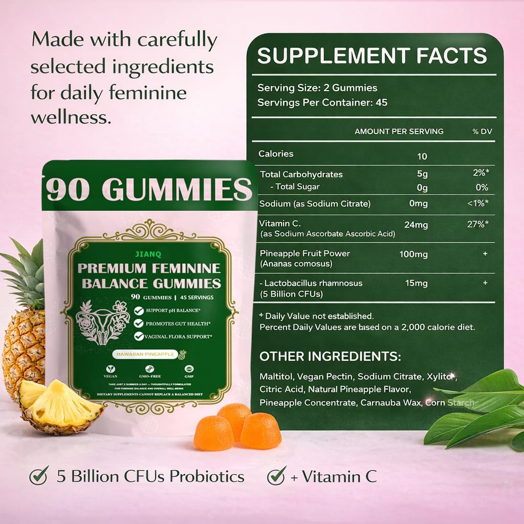 Premium Feminine Balance Gummies for Women - pH Balance Support & Vaginal Probiotic with Hawaiian Pineapple Flavor, Vegan, Gluten-Free – 90 Gummies (45 Servings)