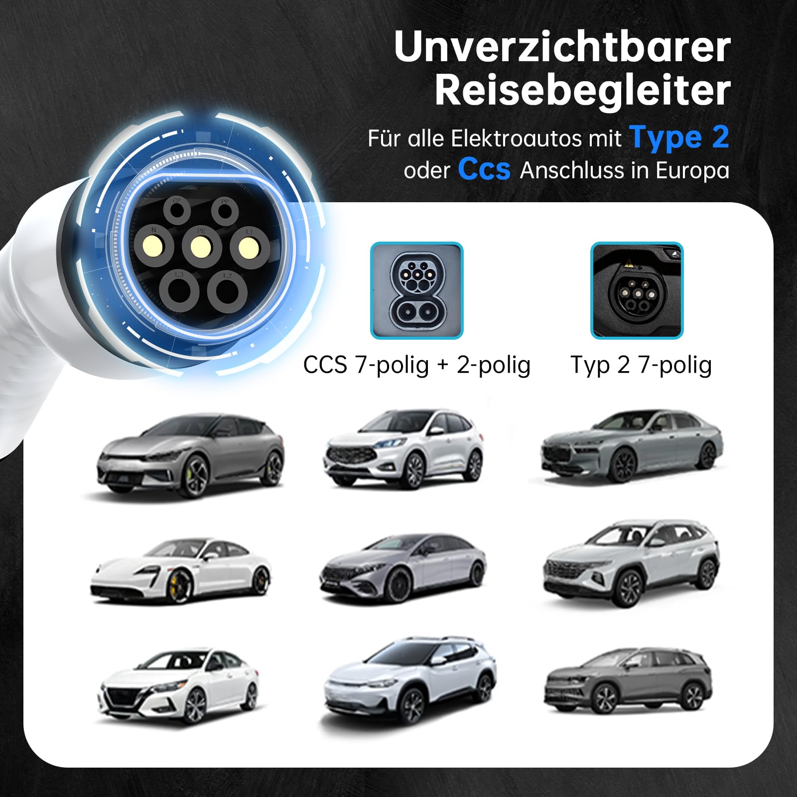 Ladekabel Typ 2 3,7kW [6m, 8-16A] EV Charger mit Steuerbarer Digitalanzeige und Mehreren Schutz，Stromstärke/Ladeleistung Einstellbar 8|10|13|16A, Tragbares EV Ladegerät für PHEV/EV Elektroautos