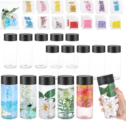 YEXEXINM Juego de 16 botellas sensoriales vacías, 10.1 fl oz, a prueba de fugas, de plástico transparente, con tapas y accesorios de lentejuelas