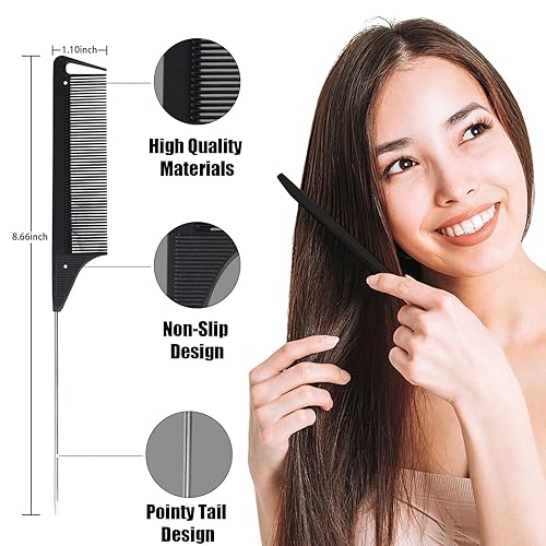Miniatura 3 de Juego de 10 peines de cola de rata, peine de dientes finos para mujeres y niñas, peine de separación para trenzar el cabello, herramientas y