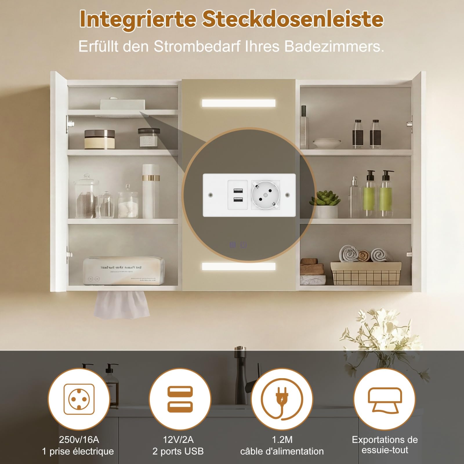 Lustro z oświetleniem łazienkowym LED, lustro łazienkowe LED z 3 drzwiami, regulowana temperatura kolorów, przeciwmgielne, wylot i USB, regulowane półki, podświetlana szafka łazienkowa z