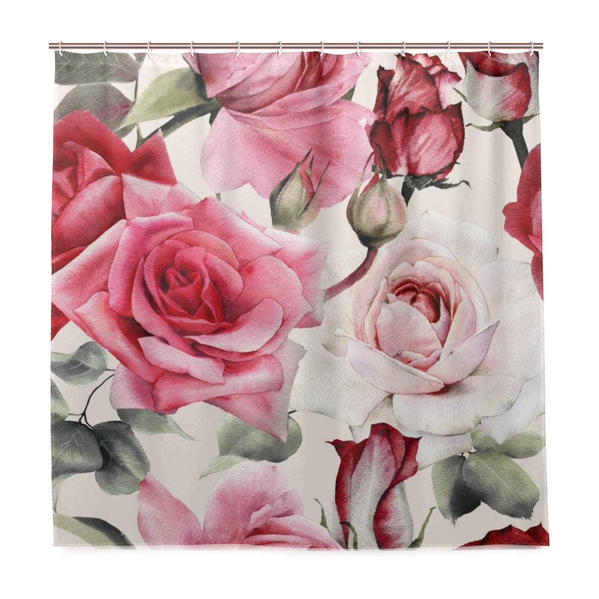 Rootti Blomm Rose Pattern Shower Curtain Polyester Fabric Waterproof Mildew Resistant Bathroom Curtains with Free Hooks Curtain Set Home Decoration 60W X 72L Inches (152 x 182 cm)