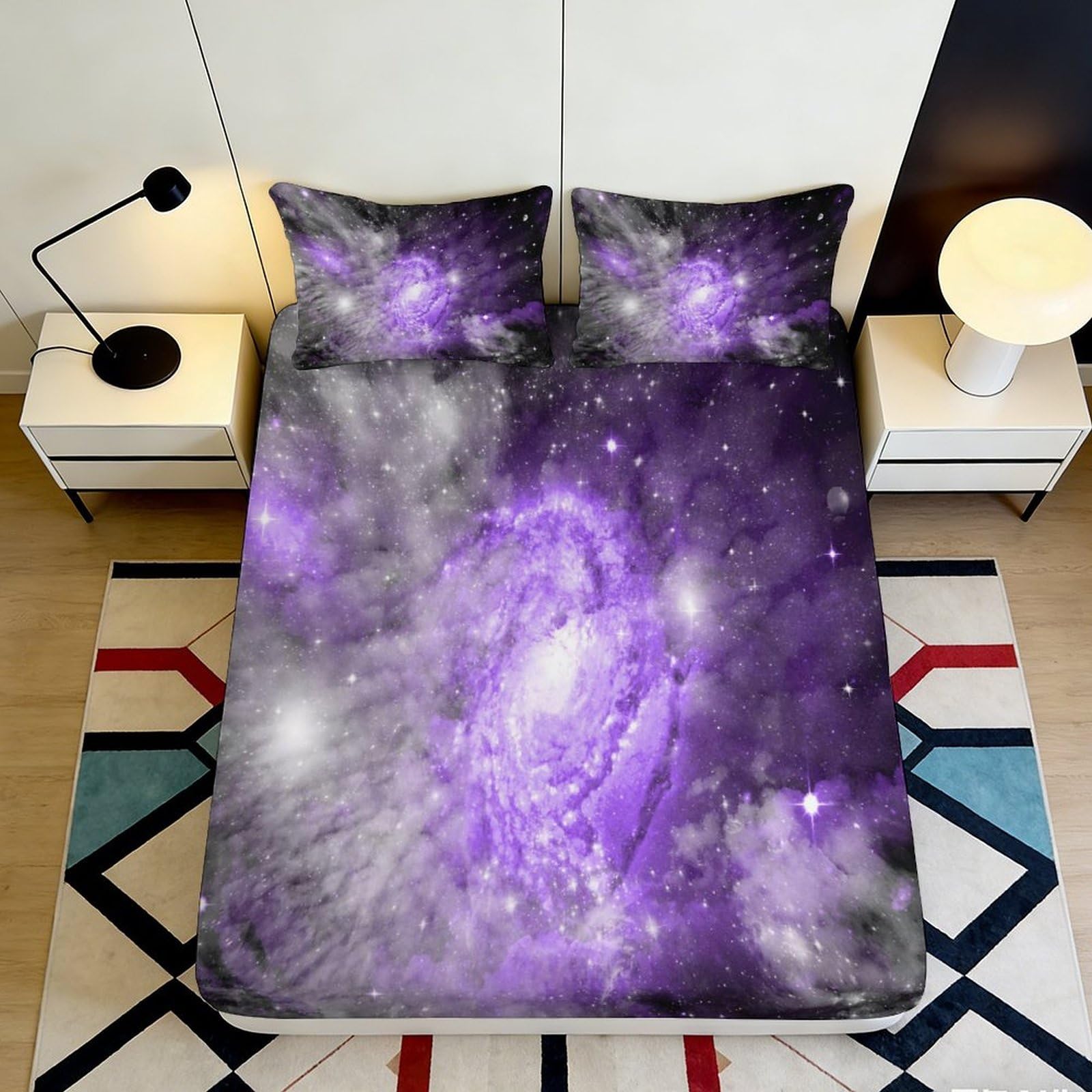 3D Printed Galaxy Starry Sky Fitted Sheet Microfiber Purple Cosmic Nebula Mattress Cover Bedroom Dorm Decor Protective Easy Care 140x200x25cm