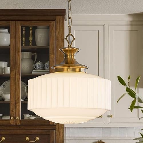 Vintage Brass Milk Glass Pendant Light Fixture, 13.8" White Pleated