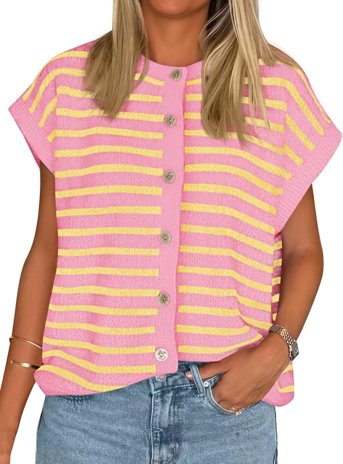 Cicy Bell Womens Striped Cap Sleeve Sweater Vest Crew Neck Button Down Cardigan Cute Knit Tops