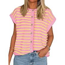 Cicy Bell Womens Striped Cap Sleeve Sweater Vest Button Down Cardigan Tops | Crew Neck, Short sleeve,Loose fit ,Casual for summer fall