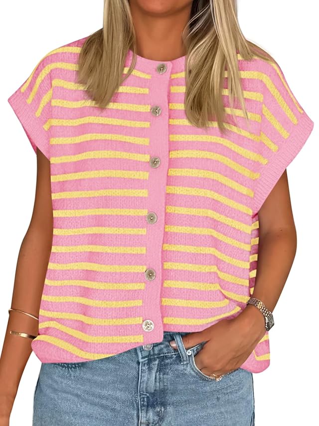 Cicy Bell Womens Striped Cap Sleeve Sweater Vest Crew Neck Button Down Cardigan Cute Knit Tops