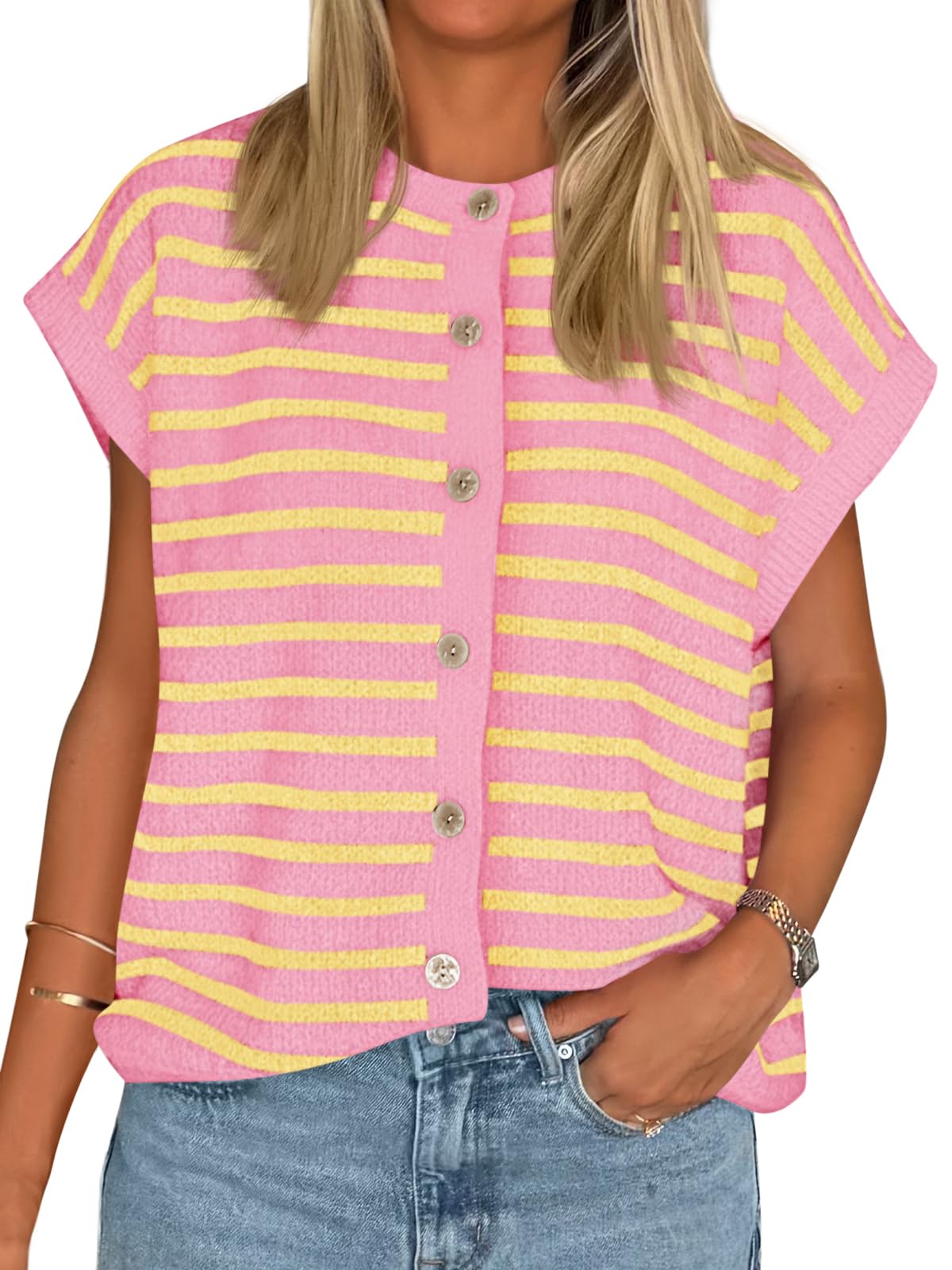Cicy Bell Womens Striped Cap Sleeve Sweater Vest Crew Neck Button Down Cardigan Cute Knit Tops