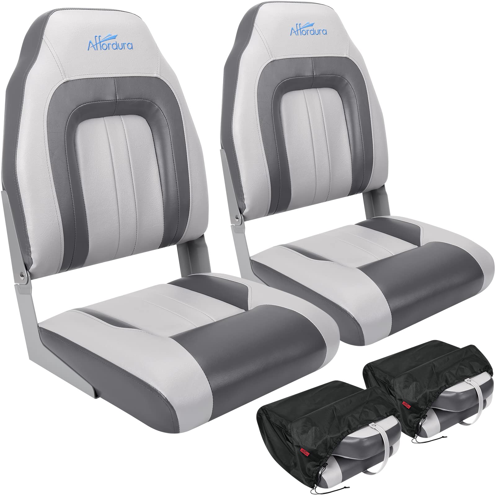 affordura boat seat for boats with 2 storage bags high back folding boat seat boat fold down seat (2 packs), charcoal