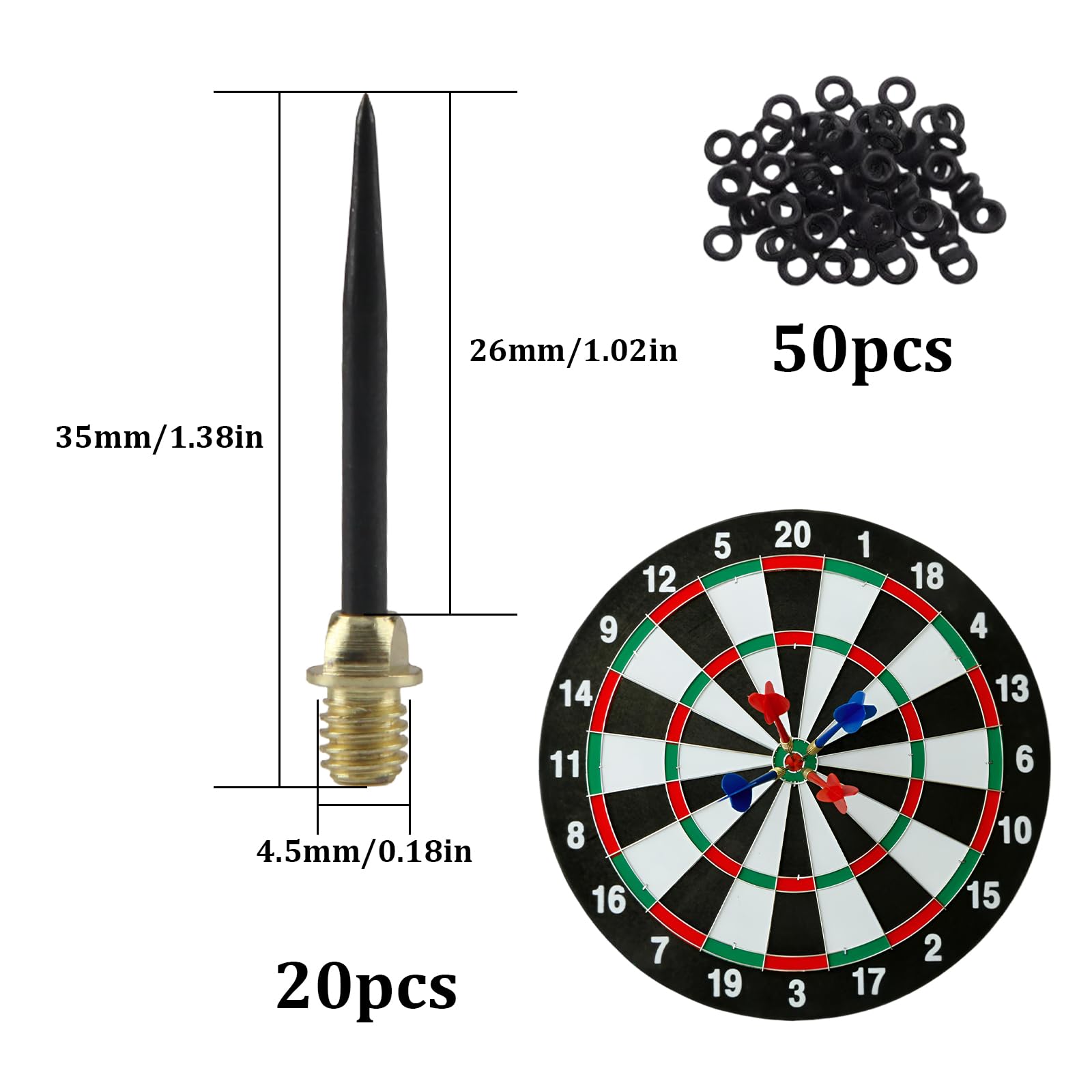 Punte per Freccette Acciaio 20 Pezzi con 50 Anelli di Gomma, Filo Darts Strumento di Conversione
