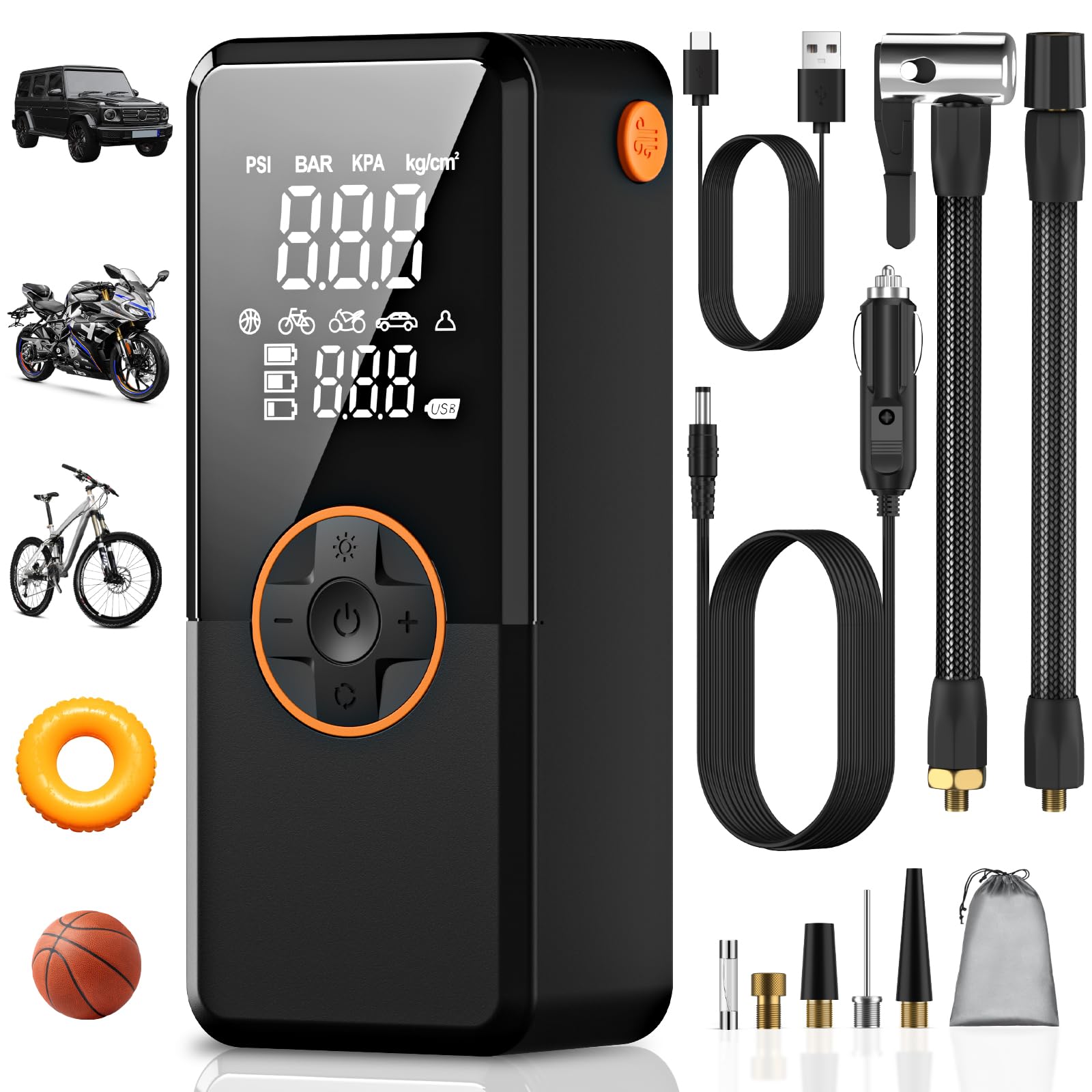 Elektrische Luftpumpe, Luftpumpe Elektrisch mit 10000mAh Akku, 150PSI Tragbar Mini Kompressor mit Manometer, Fahrradpumpe Elektrisch mit Digital LCD Bildschirm für Fahrräder, Motorräder, Auto & Bälle