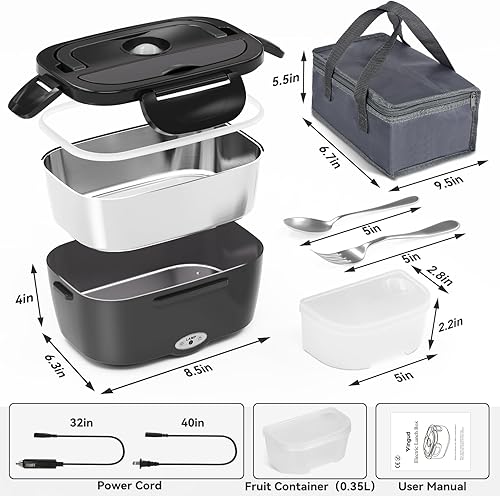 Miniatura 6 de Vingud Fiambrera eléctrica para adultos, lonchera calentada, calentador de alimentos, lonchera portátil de 80 W para hombres/coche/camión con