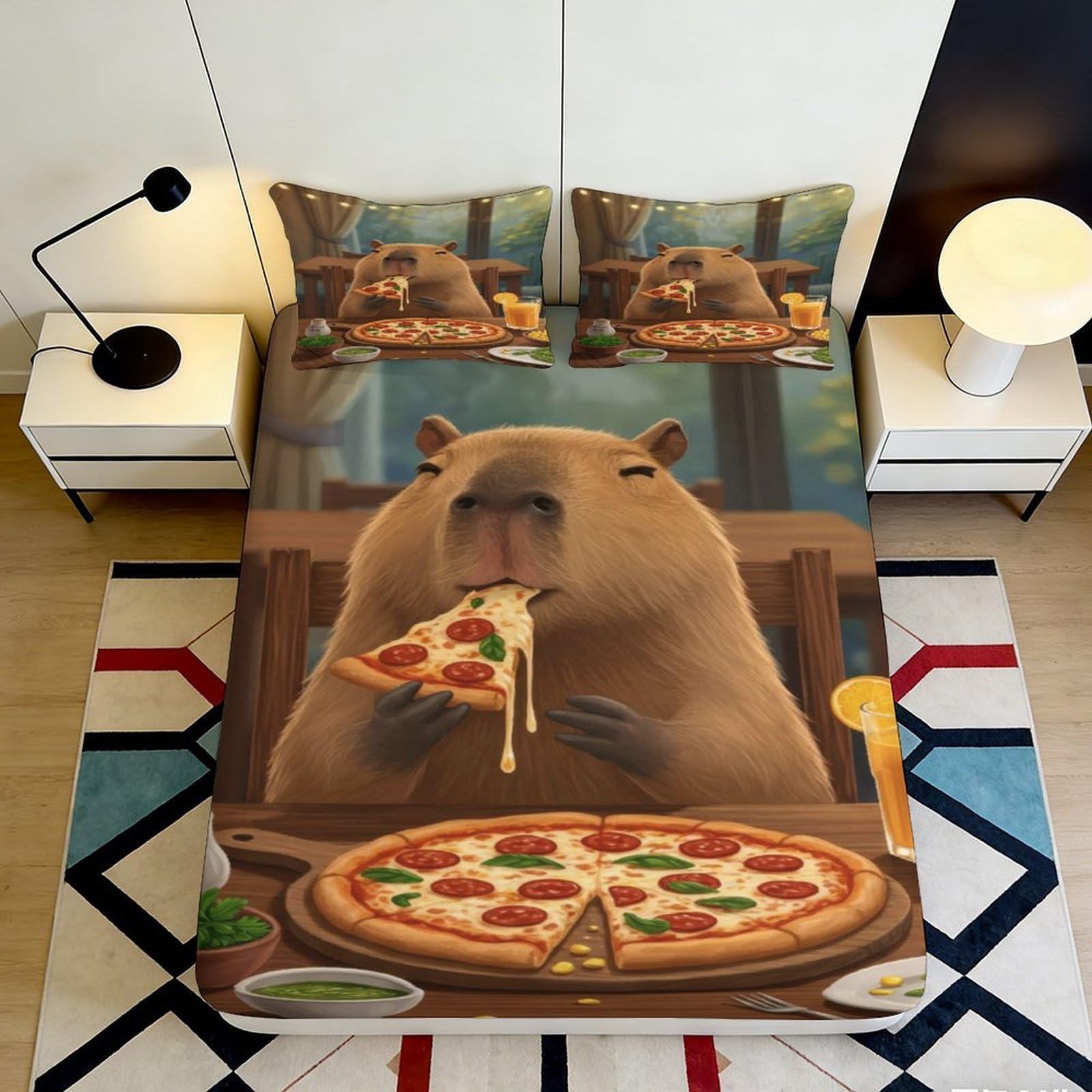3D Printed Capybara Pizza Fitted Sheet Microfiber Deep Pocket Bedroom Bedding Non-Slip Capybara Pizza Mattress Fitted Cover for Adults 120x200x25cm
