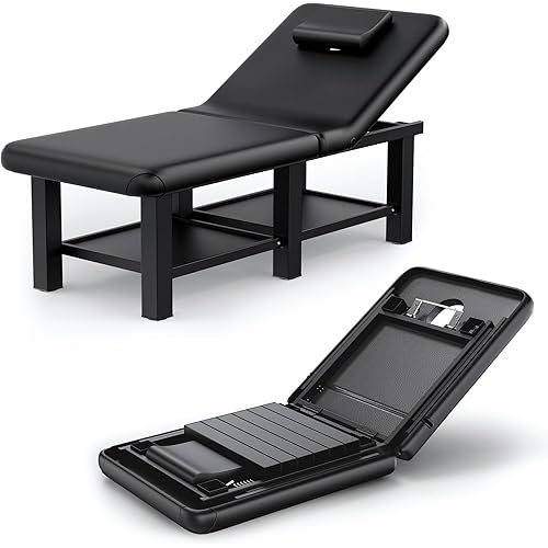 Olela Heavy Duty Folding Massage Table - Wide Stationary Massage Table with Adjustable Backrest & Storage, Physical Therapy Table with PU Leather and Metal Frame, Support to 660LBS