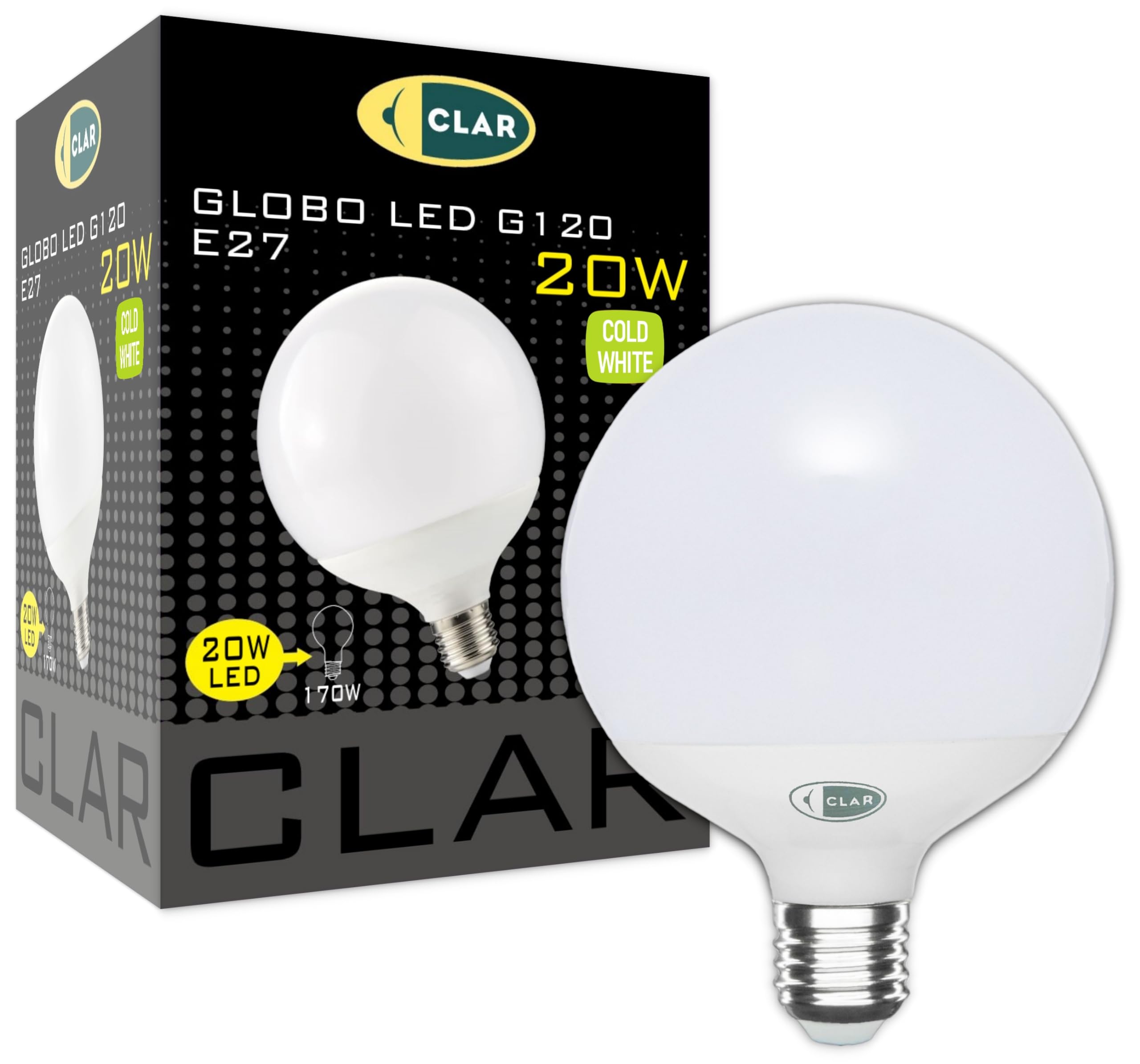 CLAR - E27 2000 Lumen, Glühbirne Große Kugel, E27 Groß, 20W Kaltweiß 6000ºk (Pack 1)