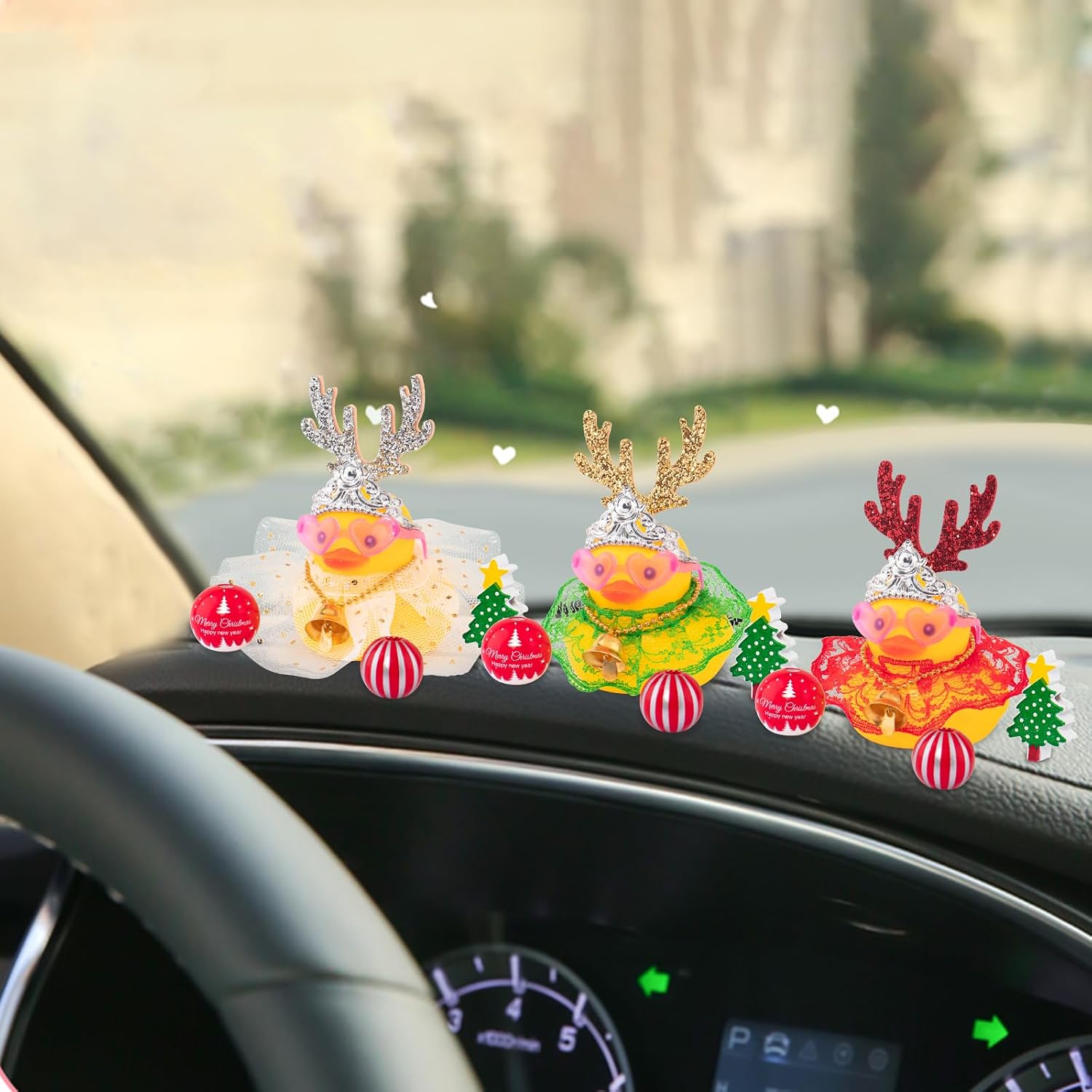 wonuu Christmas Rubber Duck Car Decorations Christmas Accessories Antler Santa Hat Skirt and Wind Bell, Silver-Star Dress