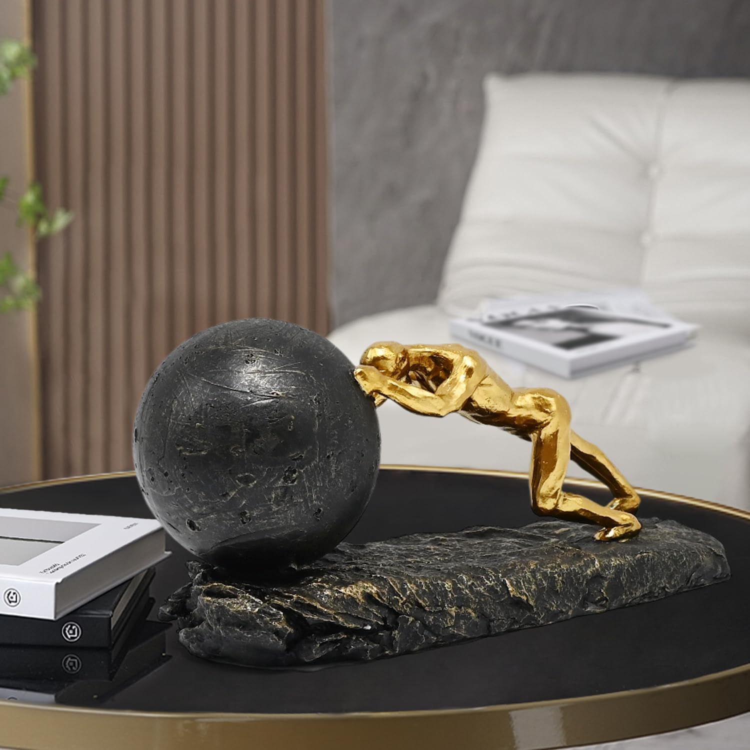 Modern Decorative Statues Apartment Decorations Contemporary Home Decor Sisyphus Rolling Boulder Sculpture Men House Living Room Aesthetic Man Cave Shelf Desk Masculine Office