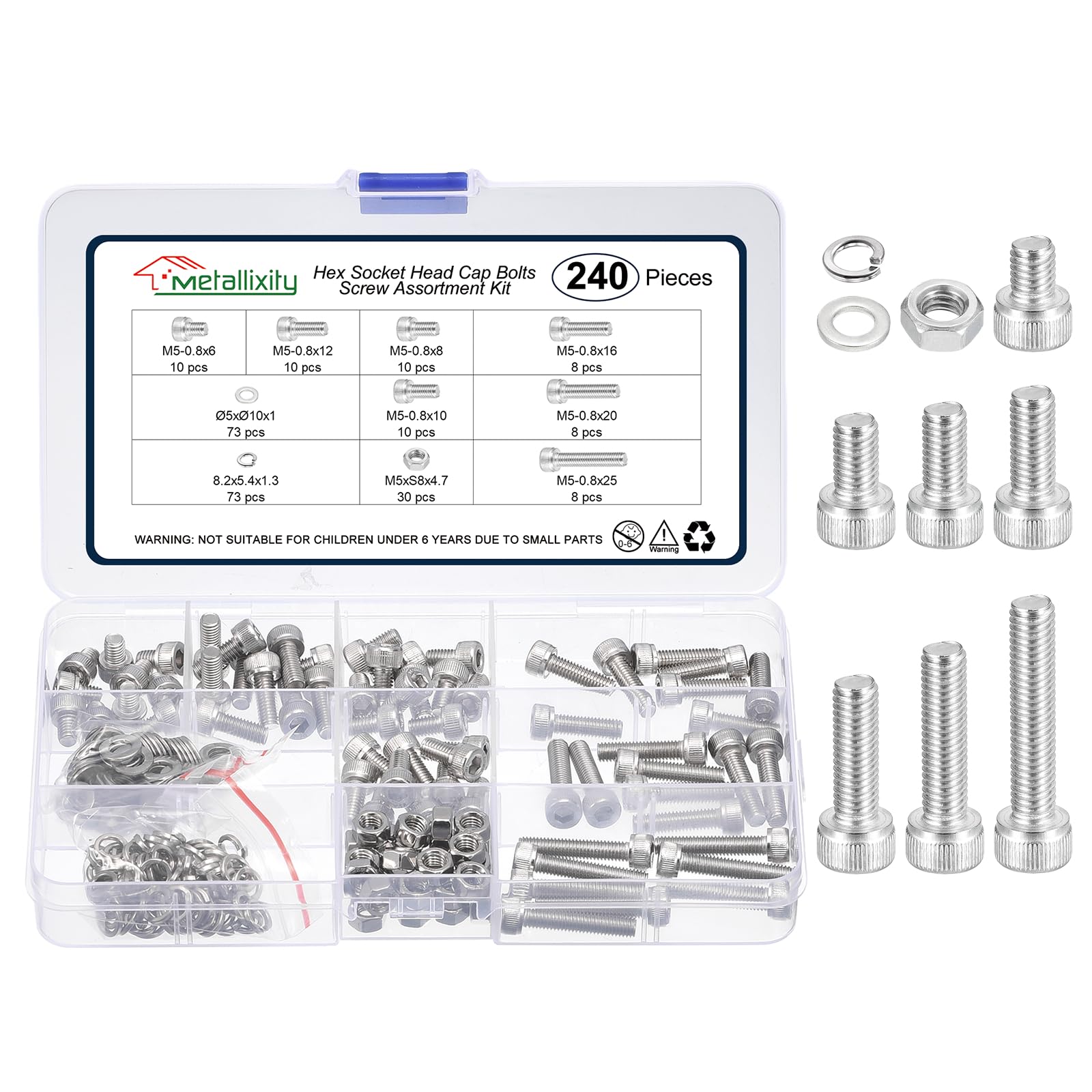 METALLIXITY Socket Head Cap Screws Kit (M5x6/8/10/12/16/20/25) 240Pcs, Stainless Steel Allen Socket Drive - Machine Internal Hex Screw, Silver — image 1