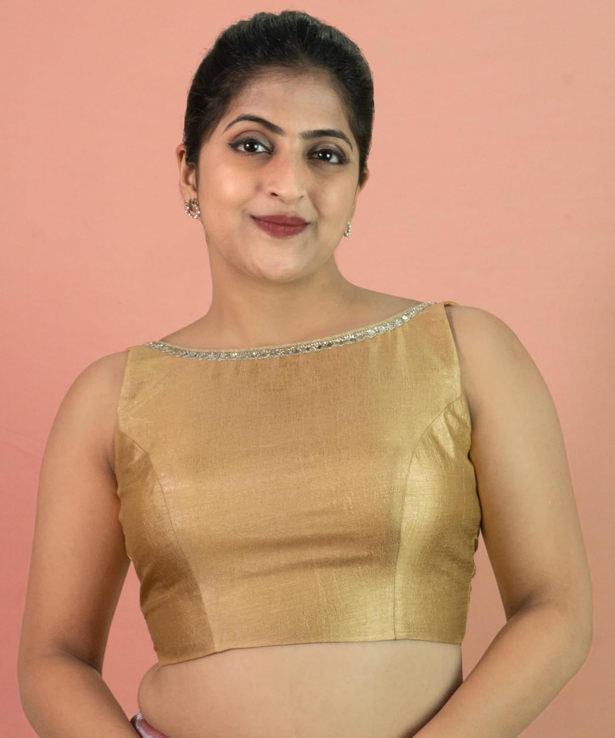 FIGURE'S DESIGNER Women's Dupion Raw Silk Sleeveless Boat Neck Zari Lace Mirror Work Readymade Saree Blouse S20 - Image 7