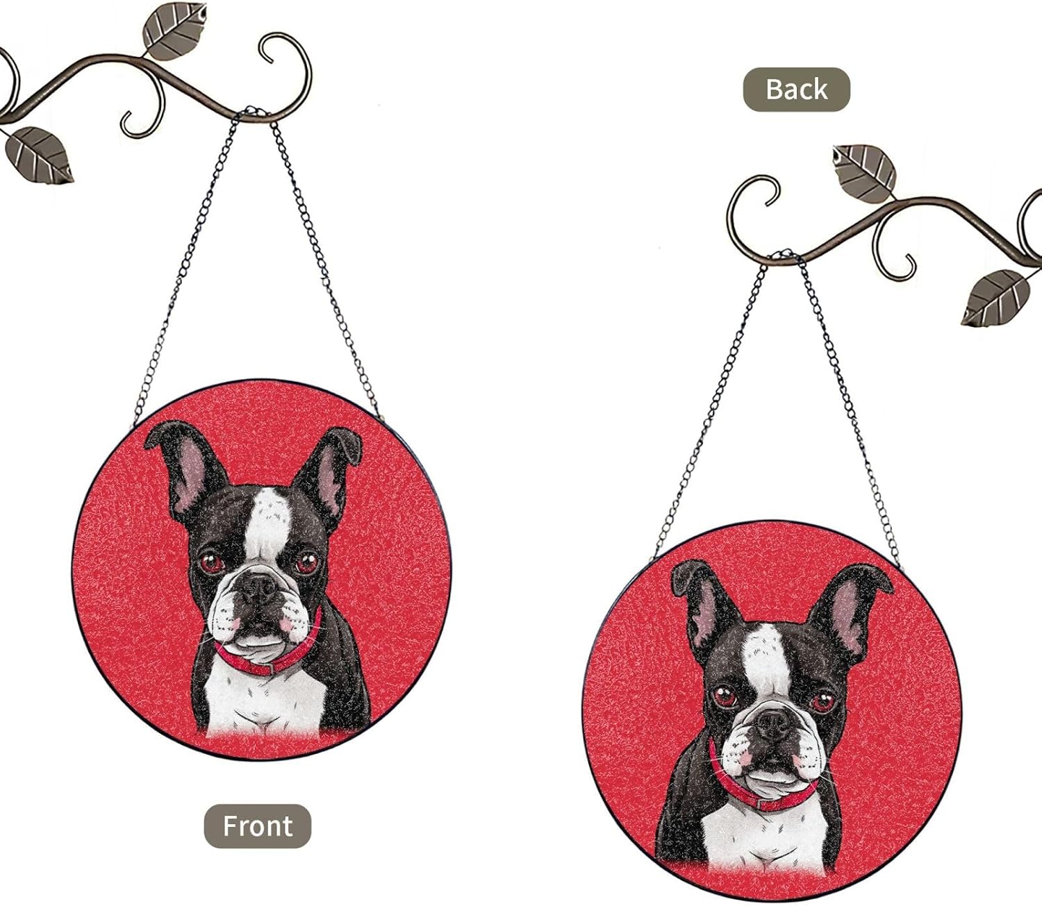 Boston Terrier Dog Red Stained Glass Suncatcher for Window Hanging Sun Catcher Ornament for Women Men Suncatcher for Home Decor, 4in（10cm） Round Glass Ornament for Mother's Day Birthday Gift