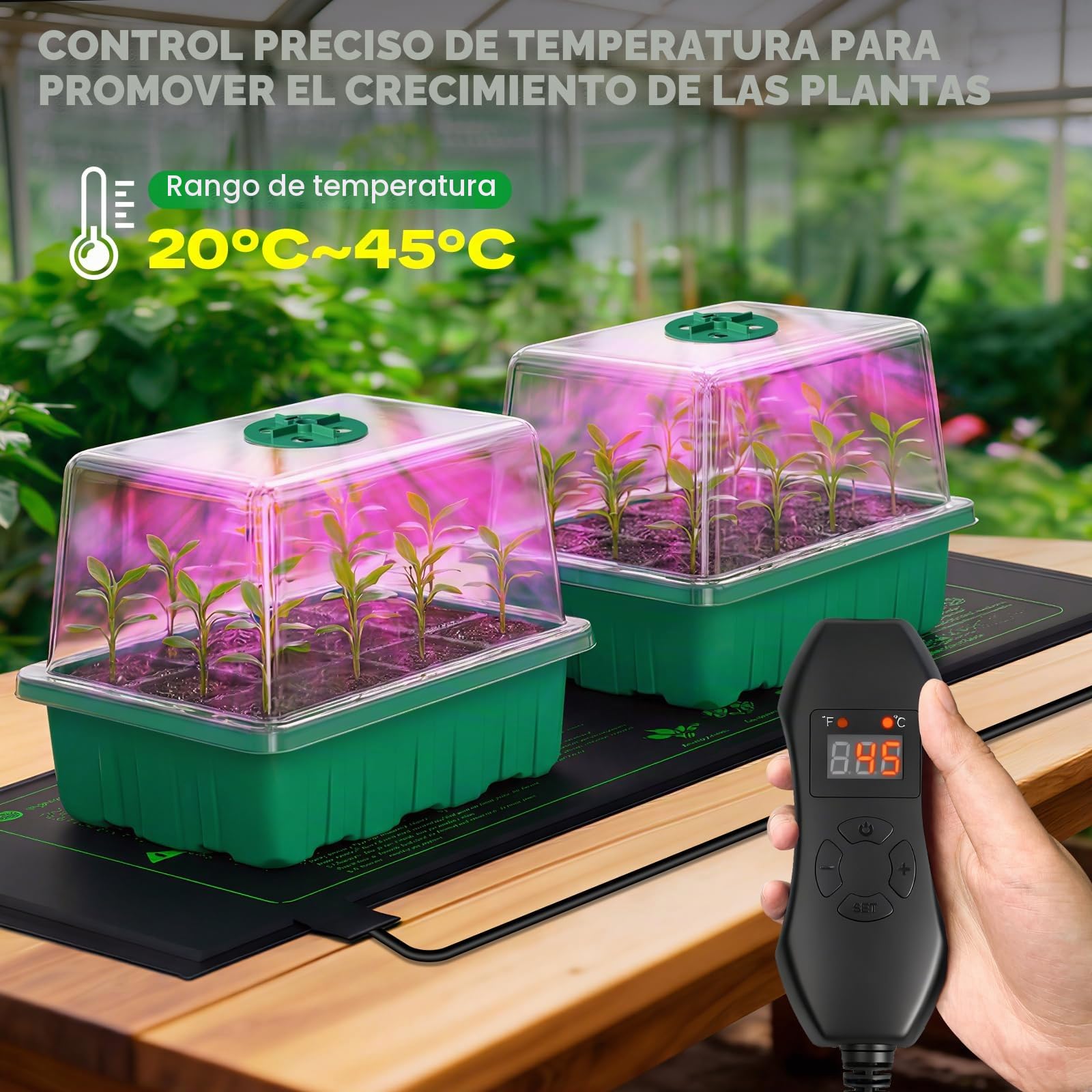 YAUNGEL Semilleros de Germinacion con Luces de Crecimiento y Almohadilla Térmica, 5 Piezas Mini Invernadero de Cultivo con Regulador de Termostato Brillo Ajustable, Lnvernadero con Tapa y Ventilación