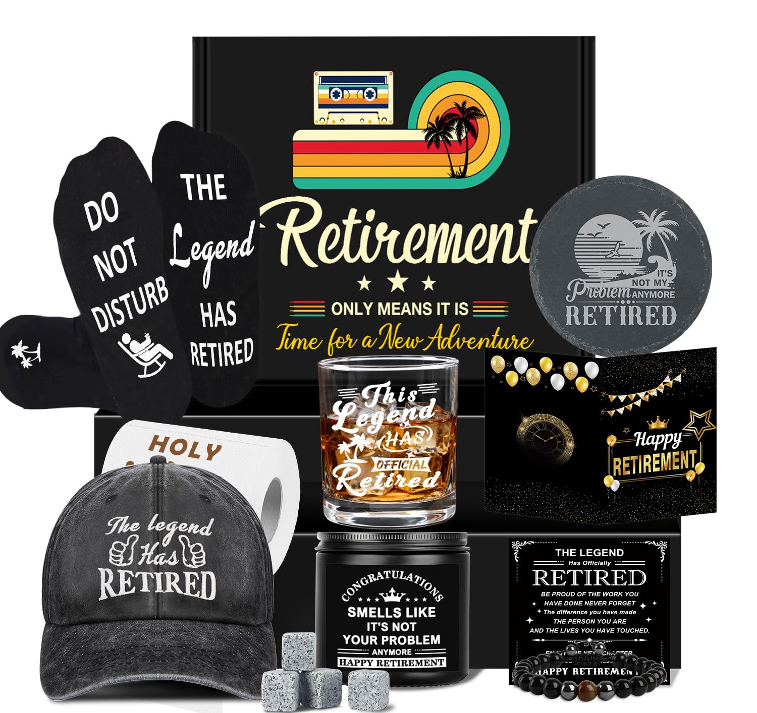 Retirement Gifts for Men 2026, Happy Retirement Party Decorations for Men, The Legend Has Retired Gifts Set for Man Funny Retirement Gift Baskets for Man Whiskey Glass Baseball Cap Socks Bracelet