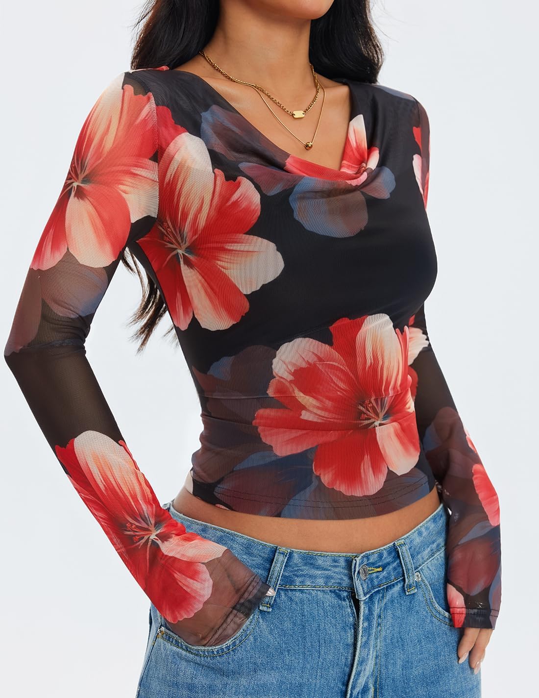 ZESICA Womens Floral Mesh Long Sleeve Tops 2026 Fall Cowl Neck Slim Fit Going Out Y2k Shirts Trendy Date Night Outfits - Image 3