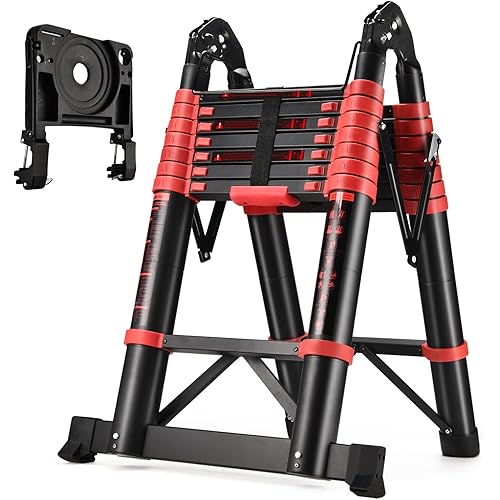HBTower Telescoping Ladder A Frame, 16.5 Ft Aluminum Extension Ladder, Portable Compact Telescopic RV Ladder with Tool Platform and Stabilizer Bar, 300lb Capacity, Red