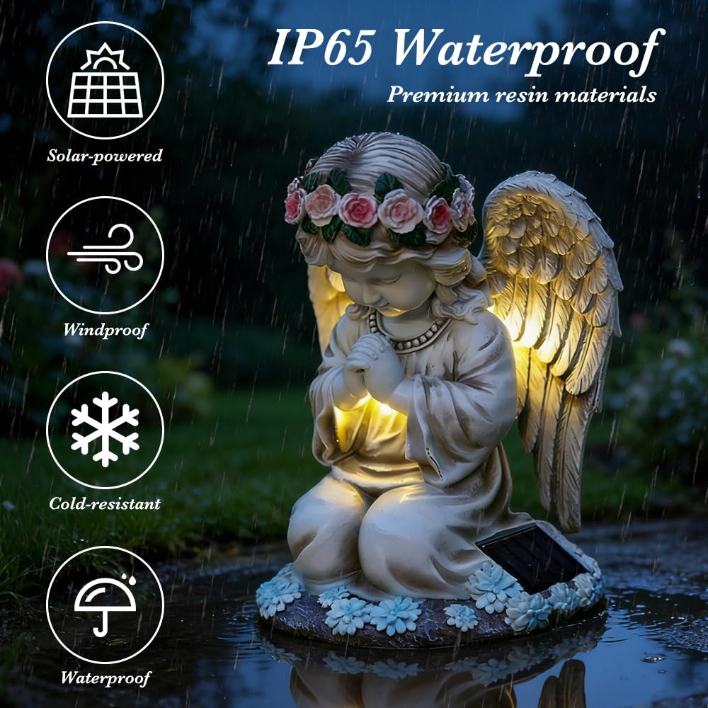 Statue da Giardino a Forma di Angelo Custode, Solare Statue Angeli Figure da Giardino con Angeli Solari con Luci a LED Resistente alle Intemperie Decorazione da Giardino a Forma di Angelo per Esterno