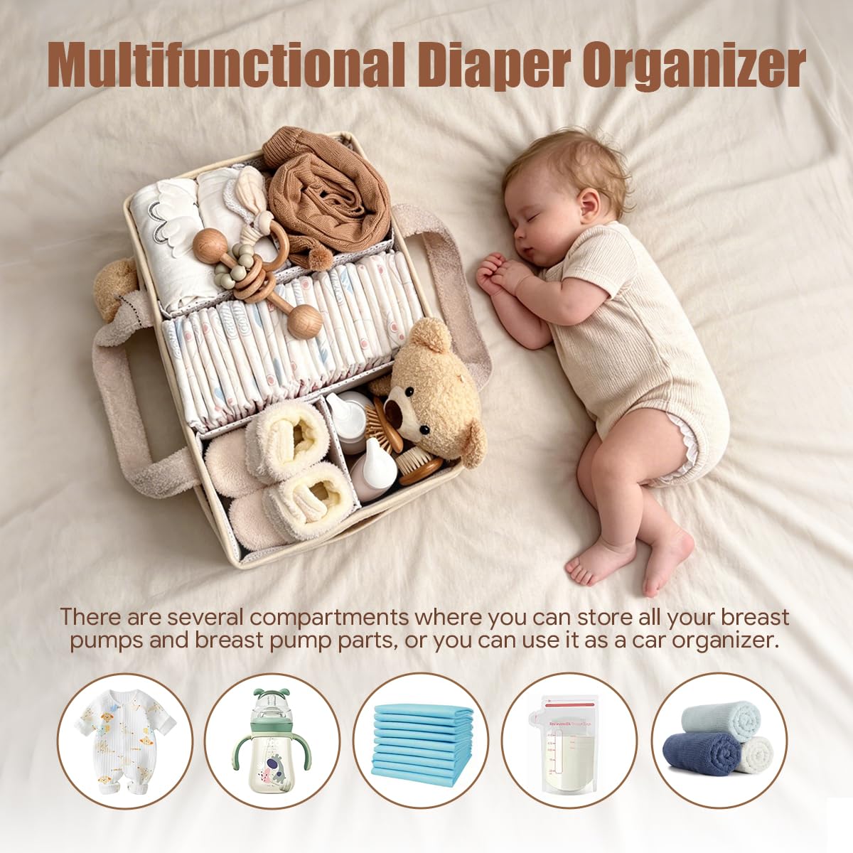 Organizer per Pannolini, Borsa Porta Pannolini Organizer con Scomparti Rimovibili, Portatile Cestino Portaoggetti per Pannolini, Sacchetto per Salviette, Neonati (Beige)